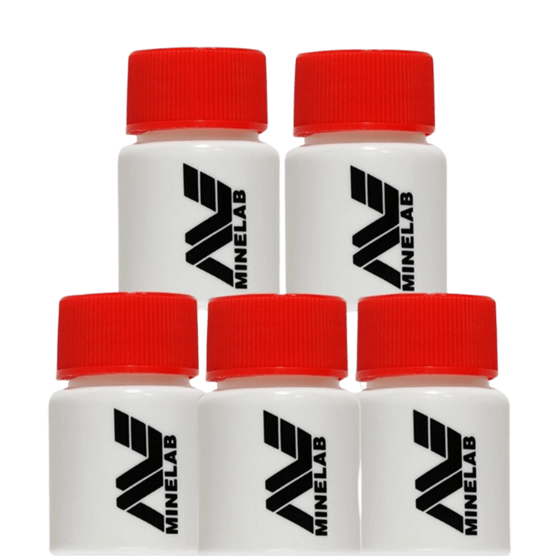 Five white Minelab specimen bottles with red screw-on lids and the Minelab logo