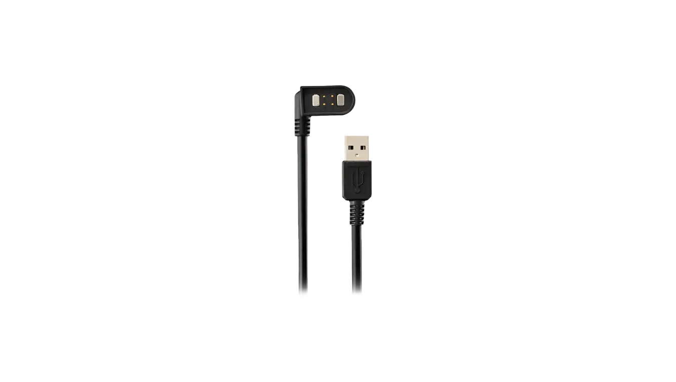 USB charging cable for the Minelab X-Terra Elite, showing the magnetic pogo-pin connector and USB-A plug