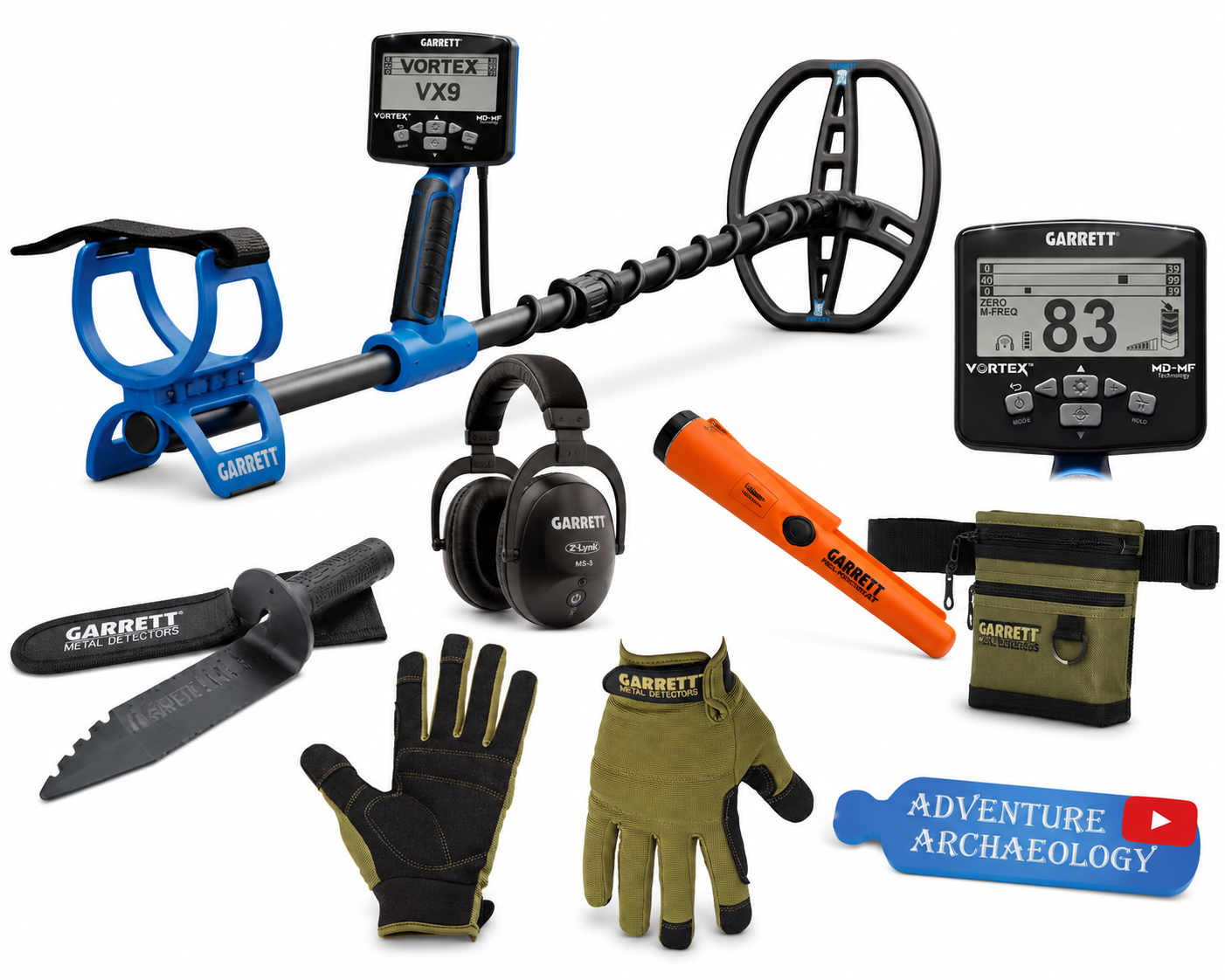 Garrett Vortex VX9 Adventure Archaeology Pro Pack full contents laid out, detector, MS-3 Z-Lynk headphones, Pro-Pointer AT Z-Lynk, dig pouch, Edge digger, and gloves
