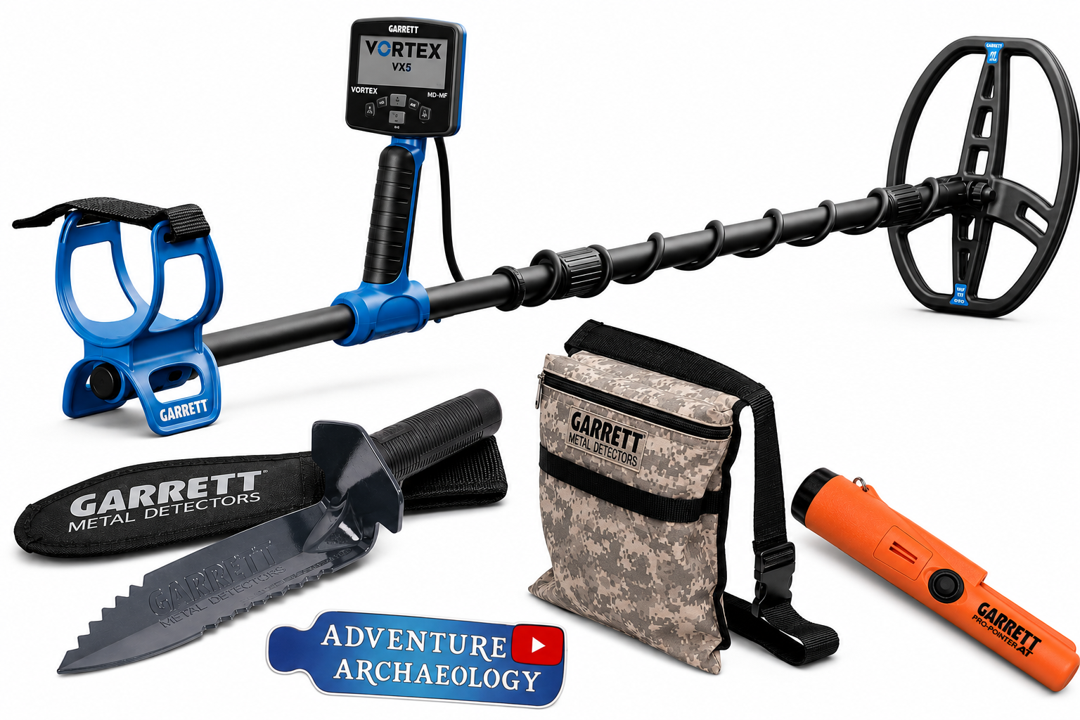 Adventure Archaeology Garrett Vortex VX5 starter package: VX5 detector, Garrett Edge digger, camo digger's pouch, standard Pro-Pointer AT pinpointer, and Adventure Archaeology decal