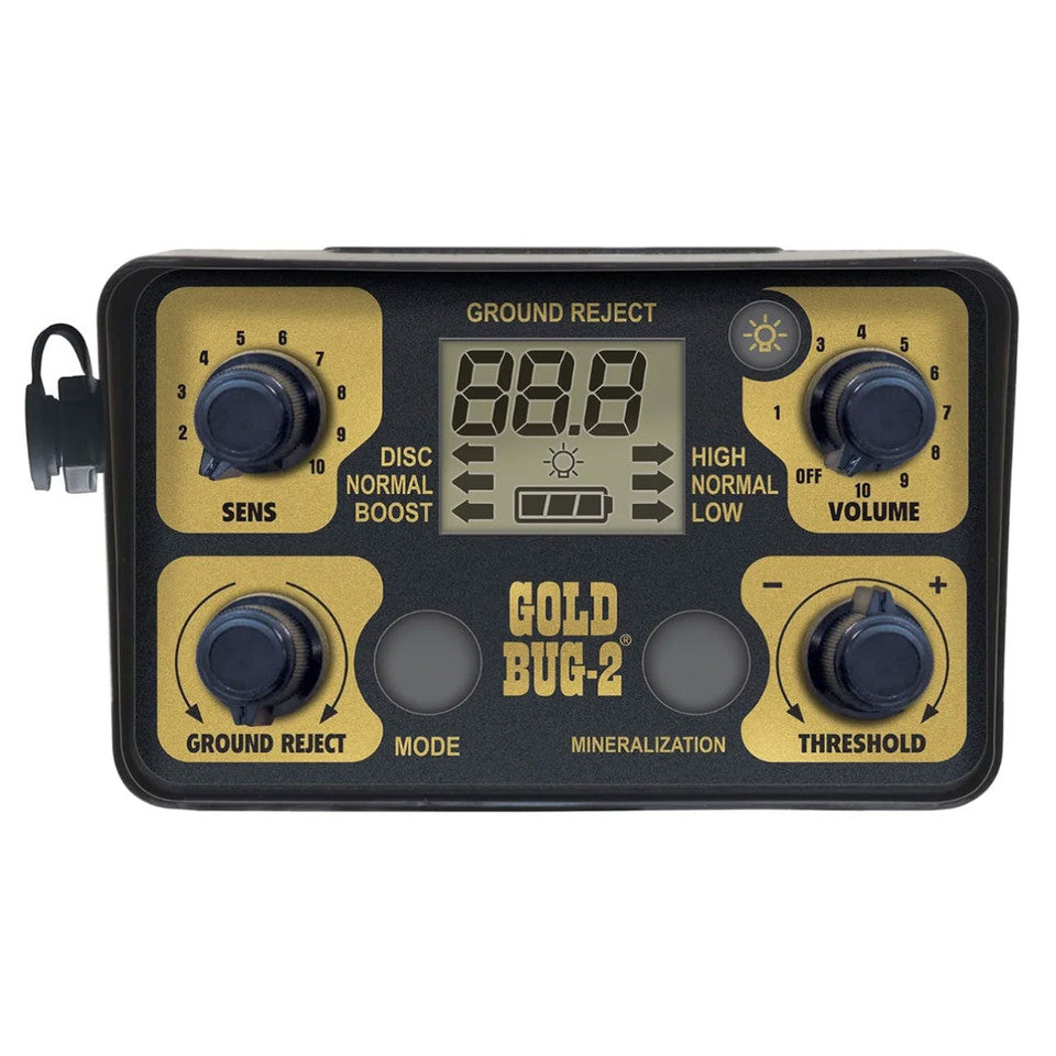 Fisher Gold Bug 2 control box: SENS, GROUND REJECT, MODE, MINERALIZATION, THRESHOLD and VOLUME knobs with DISC, NORMAL and BOOST modes