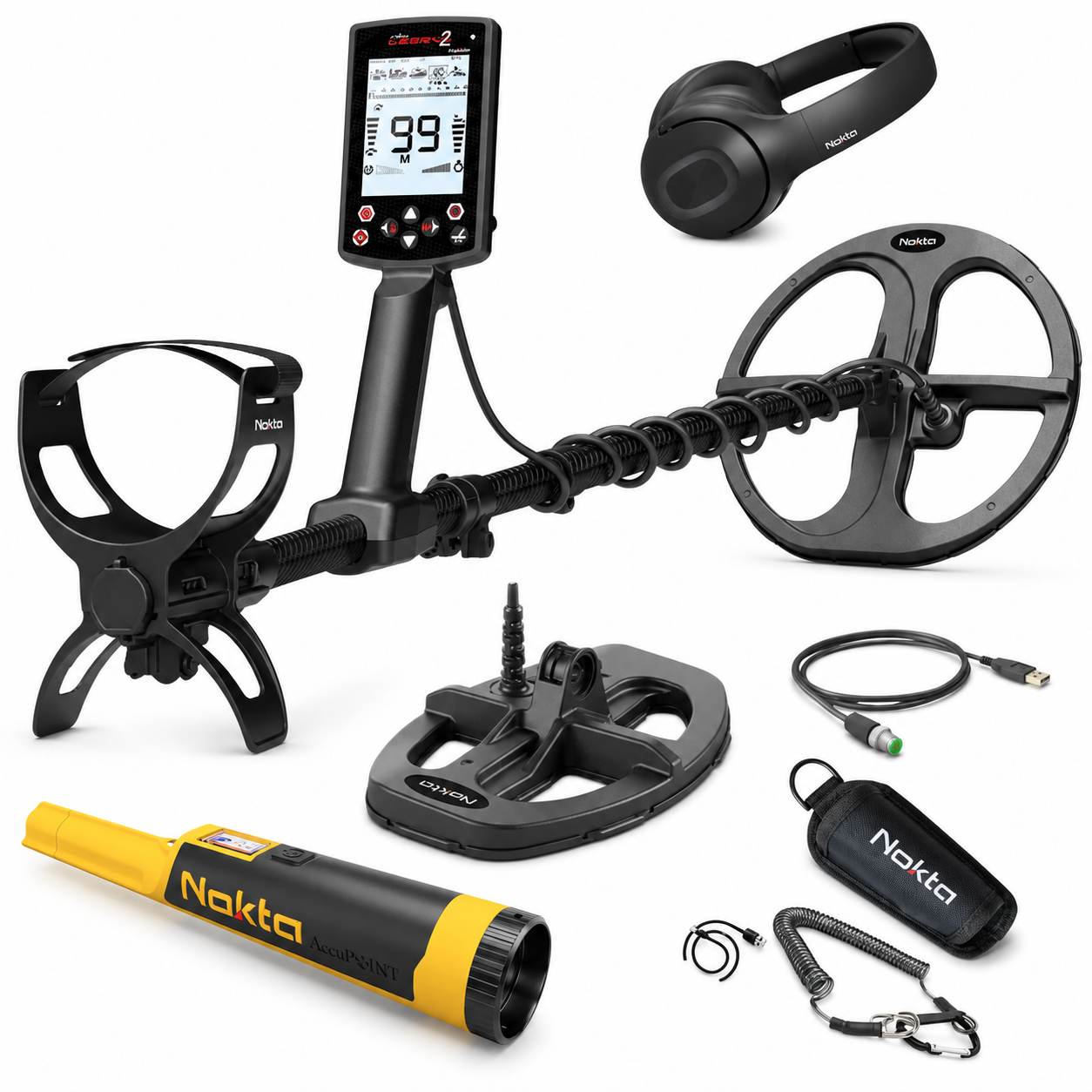 Nokta Legend 2 bundle contents: detector with control screen, two search coils, wireless headphones, USB cable, holster, lanyard, and the free Nokta AccuPOINT pinpointer