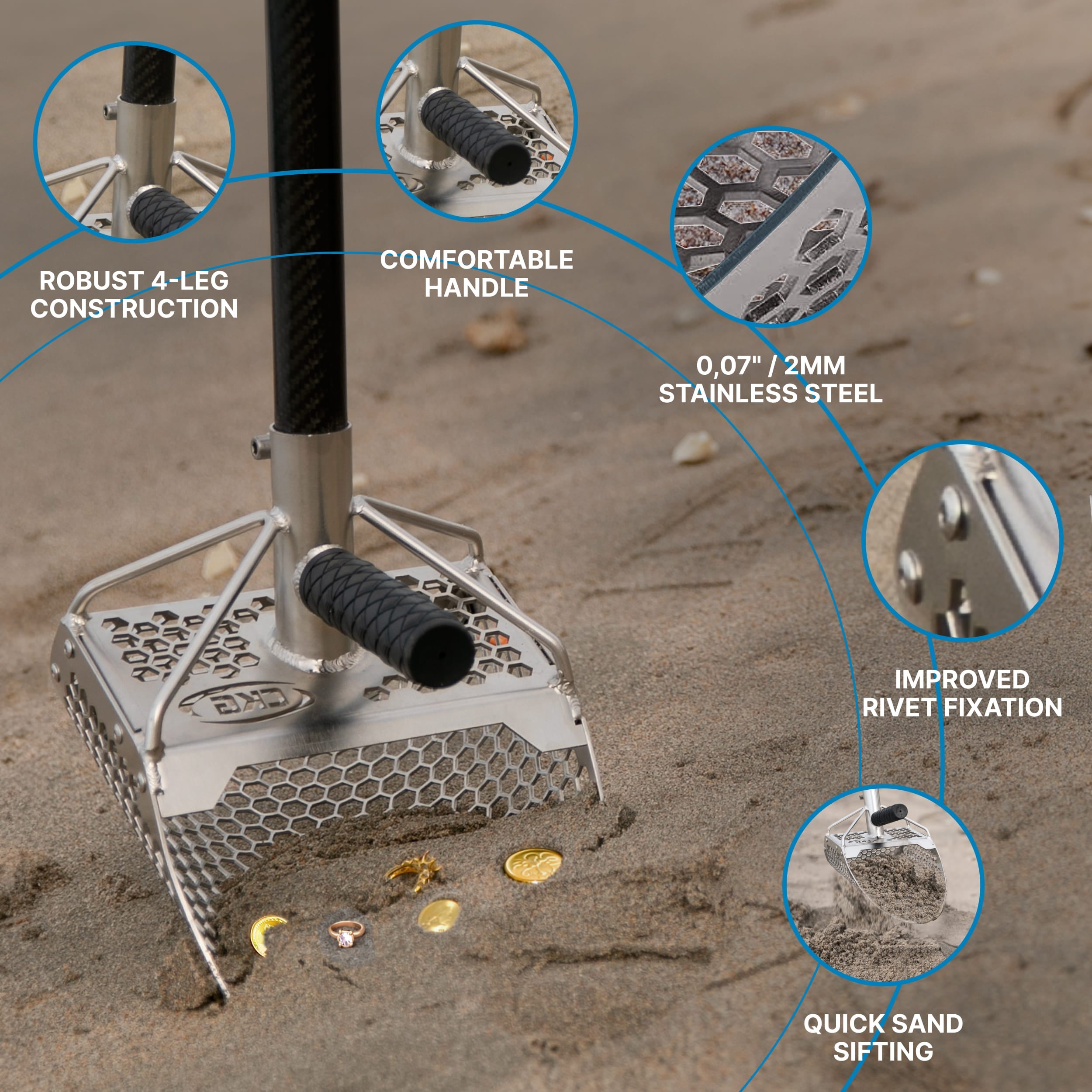 CKG 11x7 sand scoop feature callouts: 2 mm stainless steel, 4-leg construction, comfortable handle