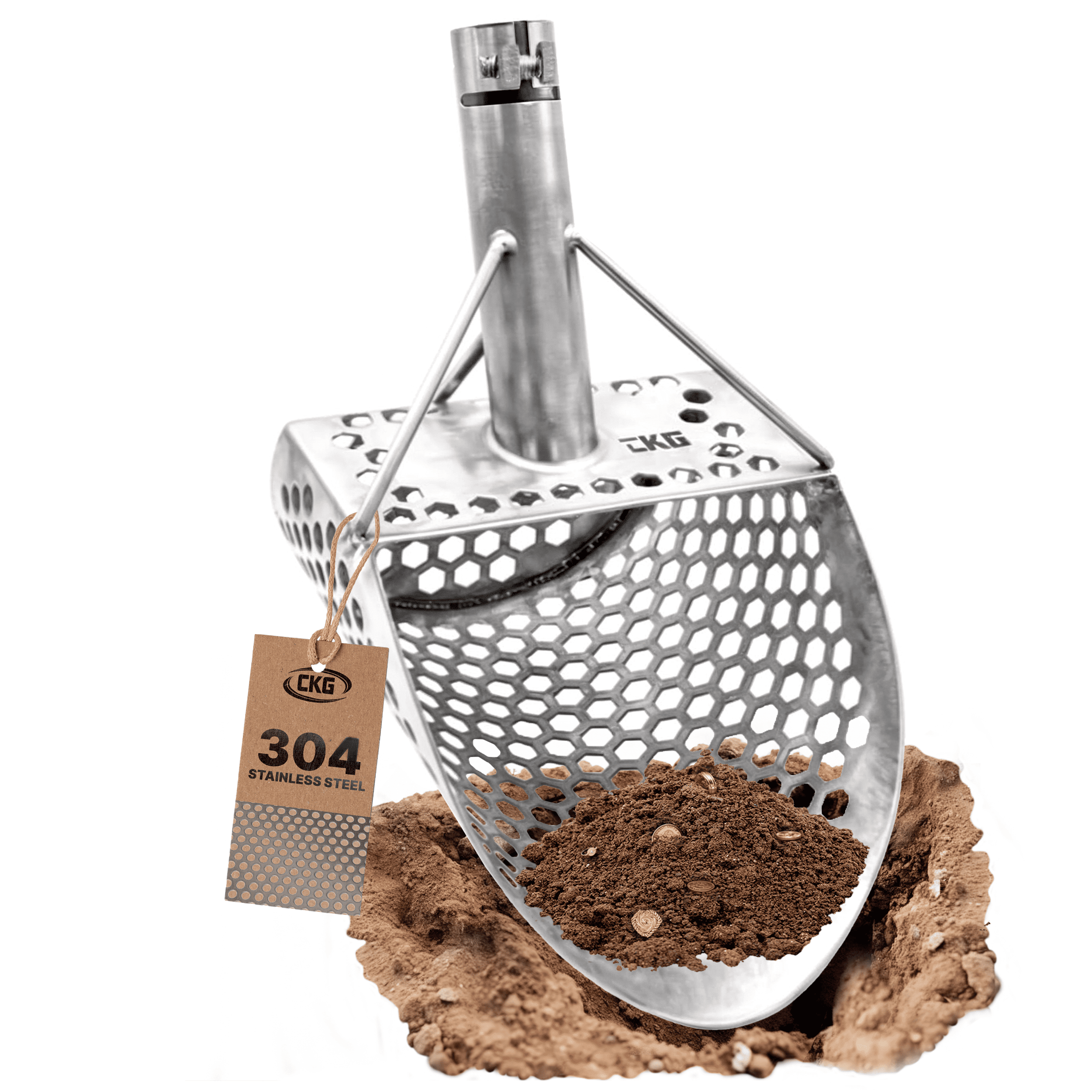 CKG 9x6 compact stainless steel sand scoop with hexagon sifting holes and 304 tag