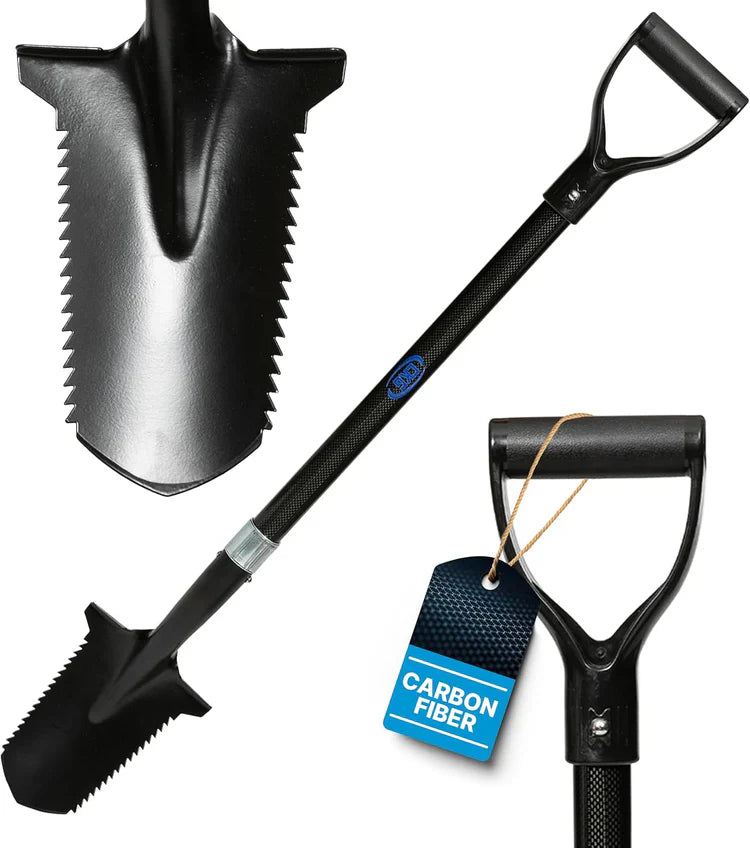 CKG carbon fiber metal detecting shovel, black, with double serrated root cutter blade and D-handle