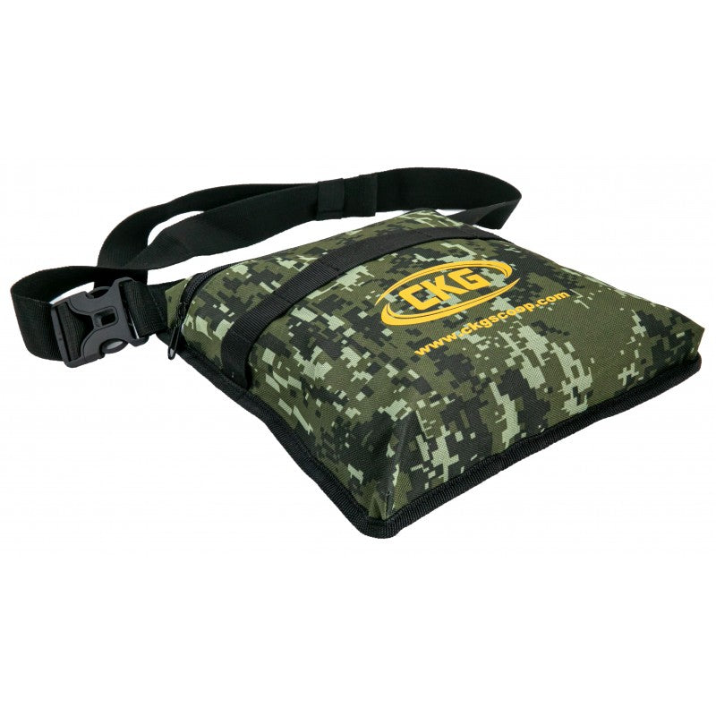 CKG green camo detecting pouch angled view with included adjustable belt and buckle