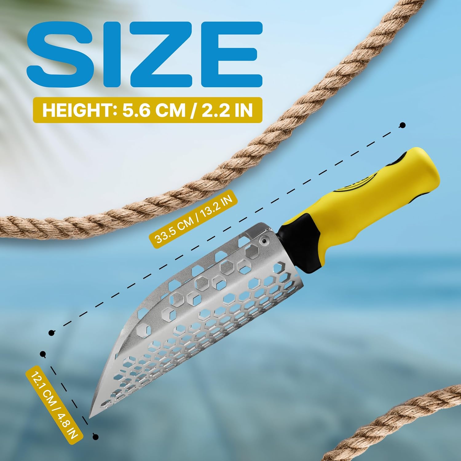 CKG hand sand scoop size diagram: 13.2 in long, 4.8 in wide, 2.2 in deep