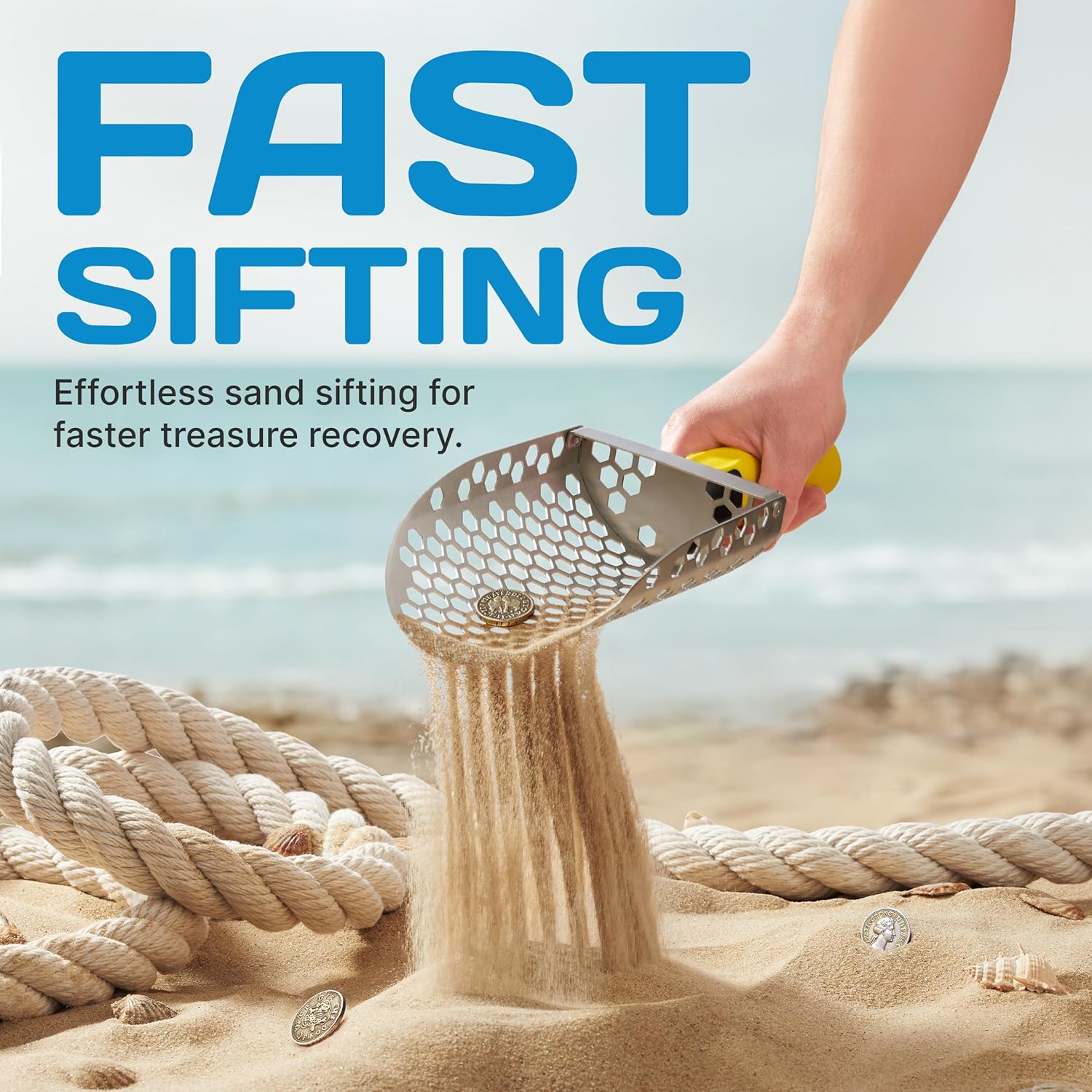 CKG hand sand scoop sifting dry beach sand with a coin retained in the basket