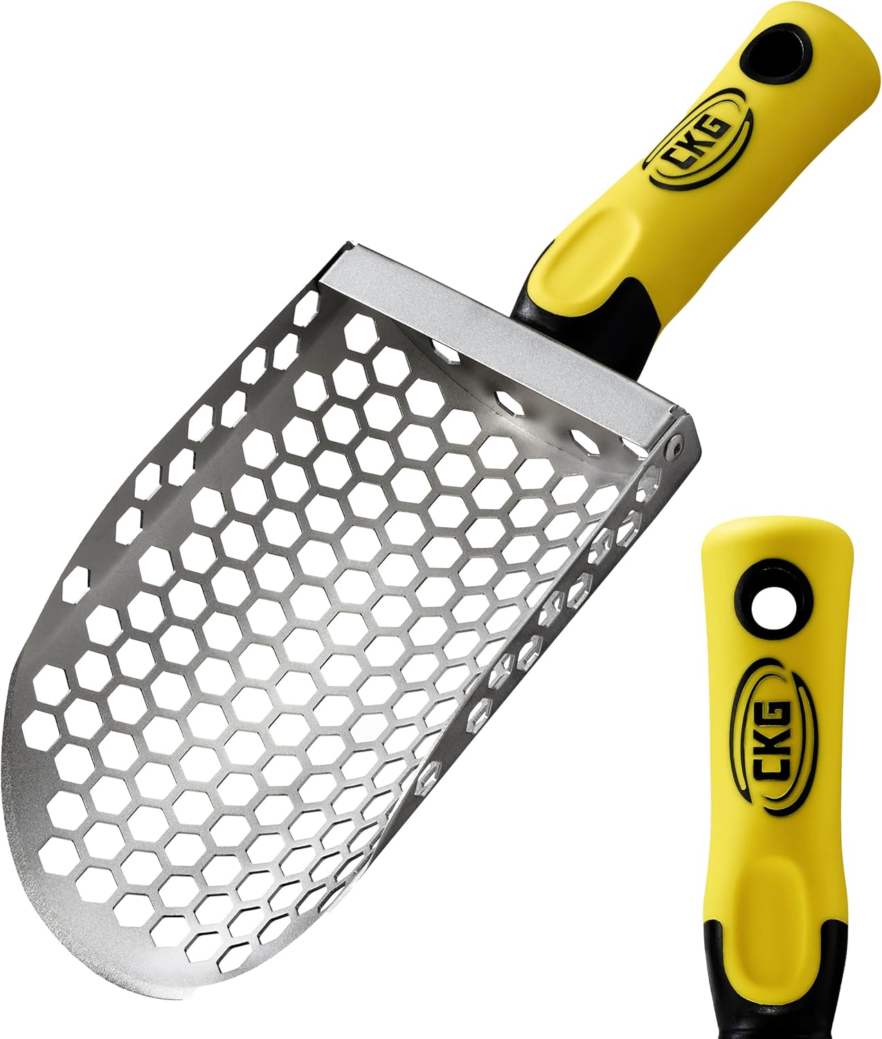 CKG hand sand scoop with 304 stainless steel hexagon basket and yellow ergonomic handle