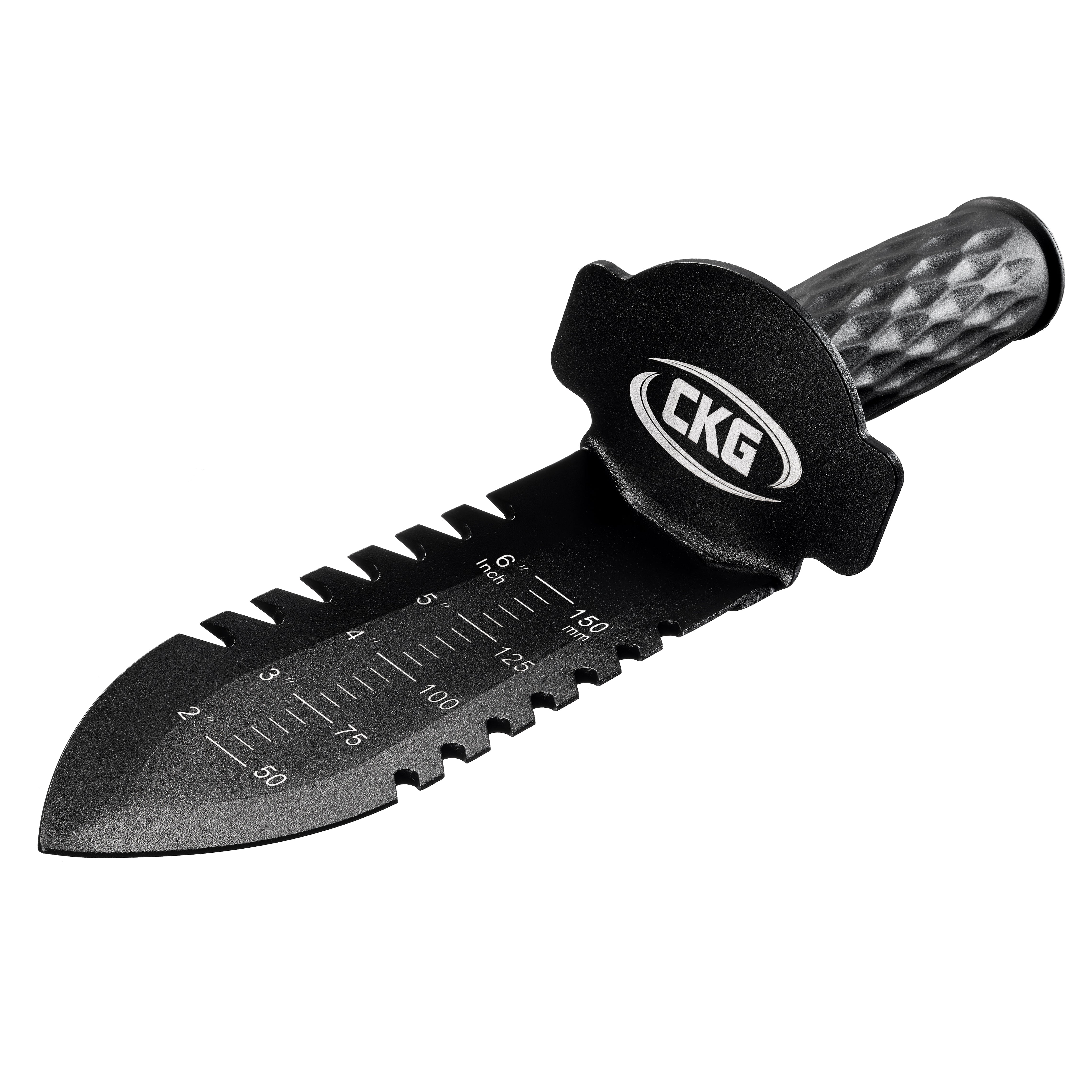 CKG metal detecting digging tool with black handle, double serrated blade with inch and millimeter depth markings