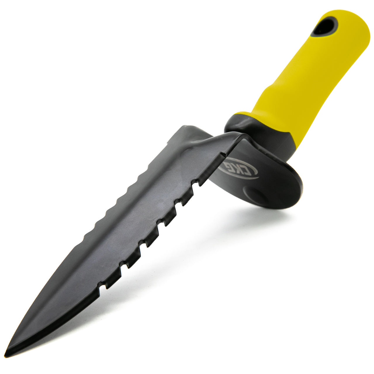 CKG metal detecting digging tool with yellow non-slip handle and serrated steel blade