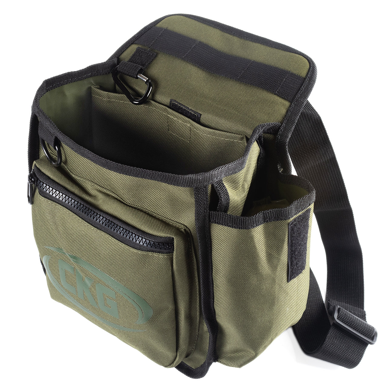 Open top of the CKG pinpointer bag showing tool compartments and clip