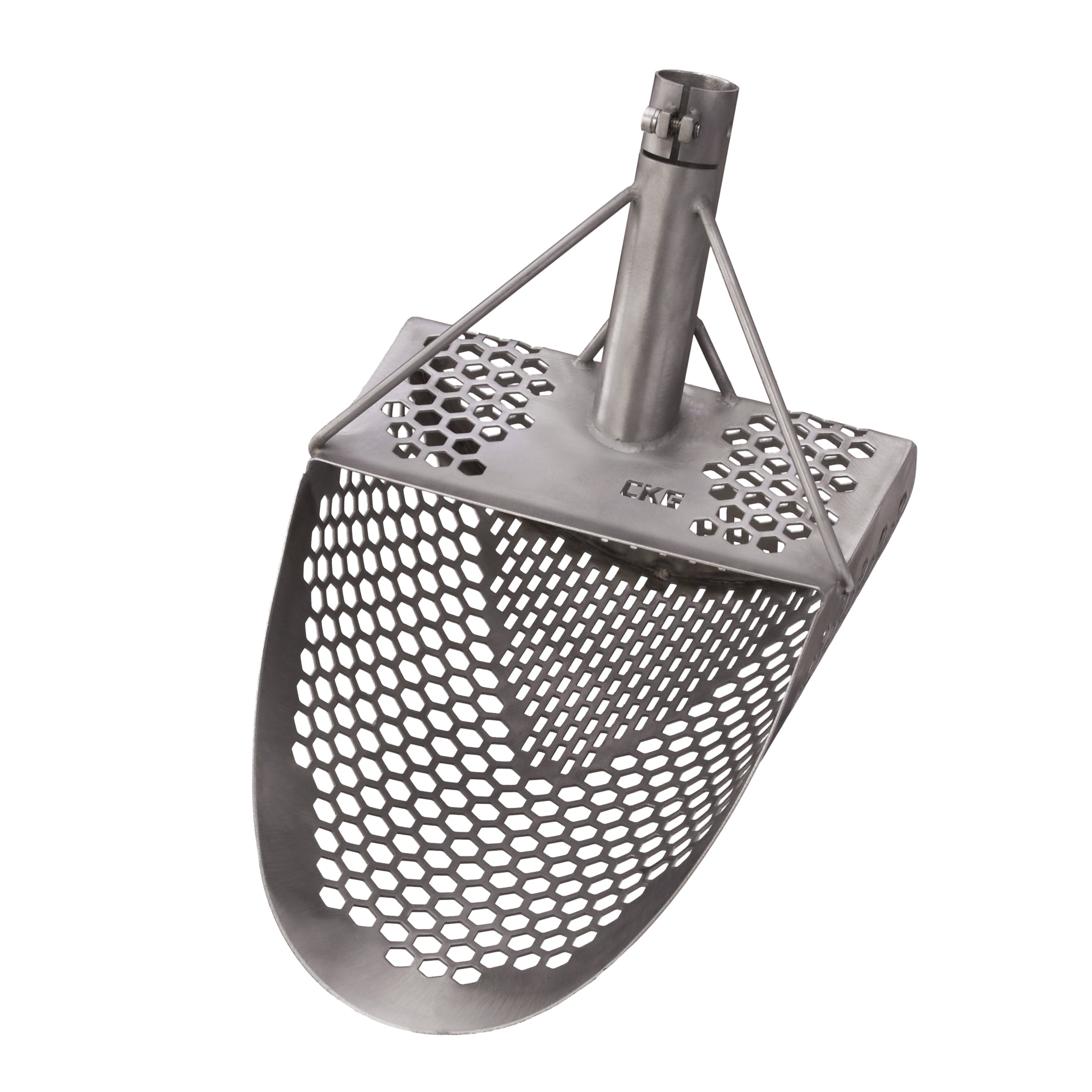 Front view of the CKG Pro 11x9 sand scoop basket and bolted handle socket