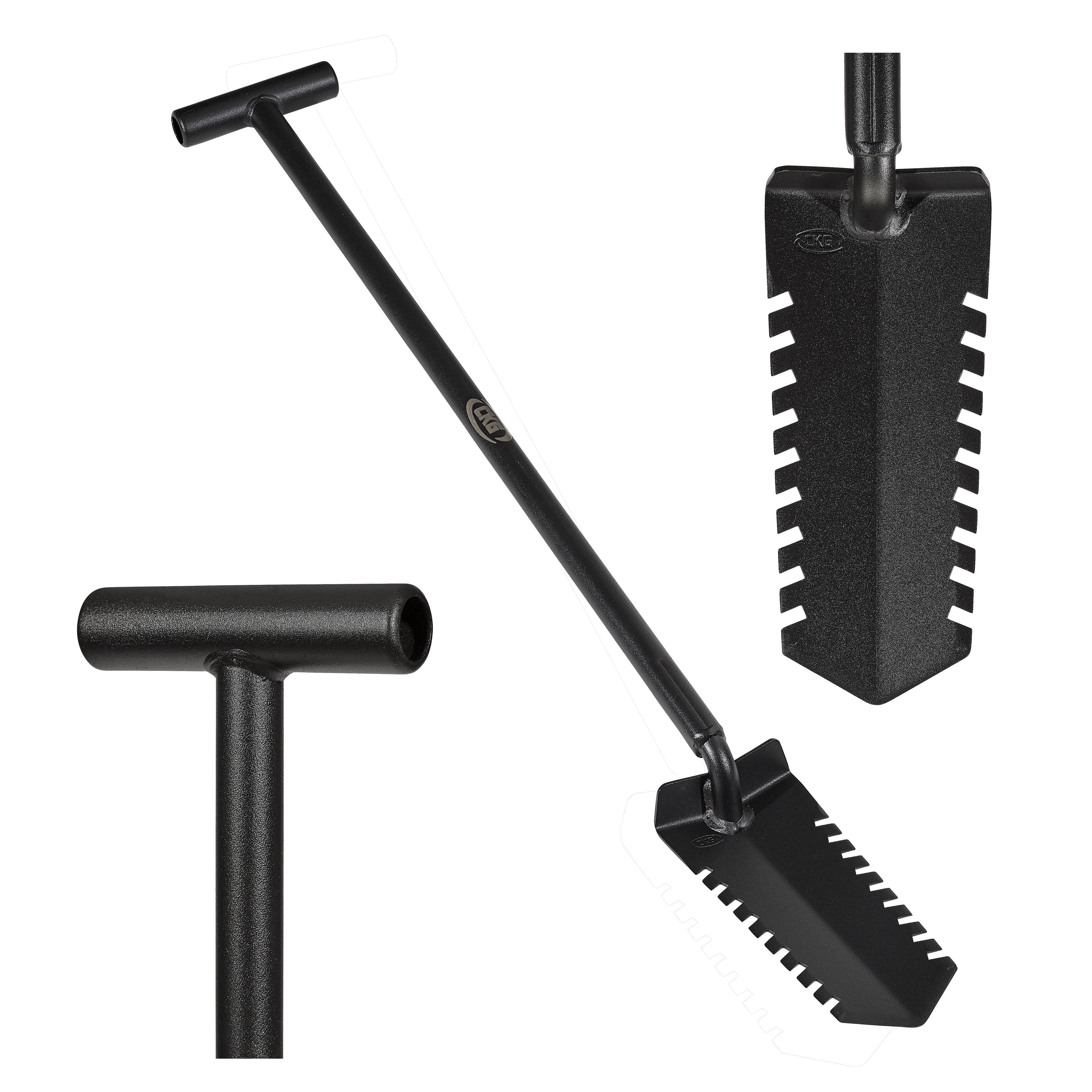 CKG T-handle metal detecting shovel in tempered steel with serrated triangular blade, composite view