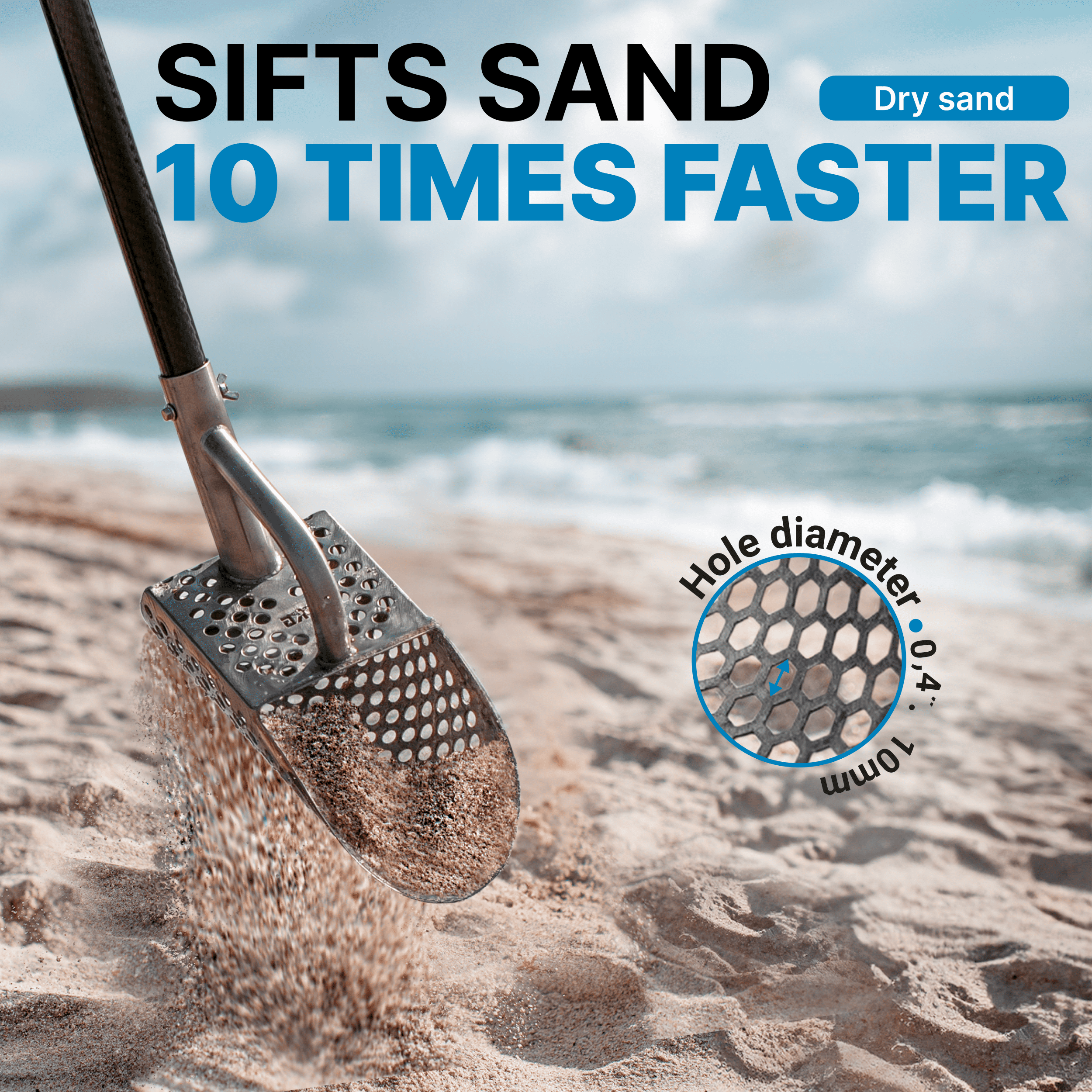 CKG Universal sand scoop feature callouts: 1.5 mm 304 stainless steel, bolt fixation, quick sand sifting