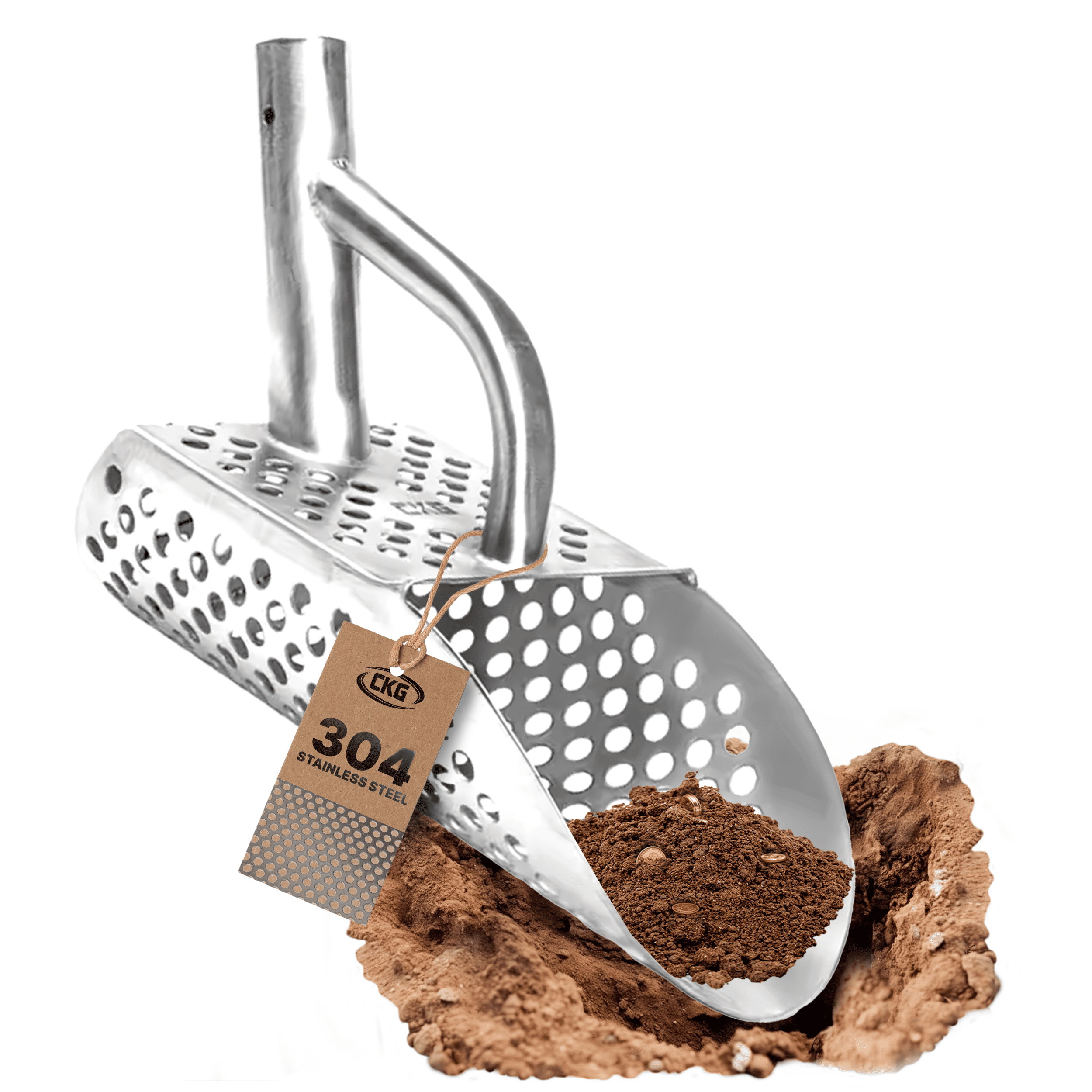 CKG Universal 12x5 lightweight stainless steel sand scoop with round sifting holes and 304 tag