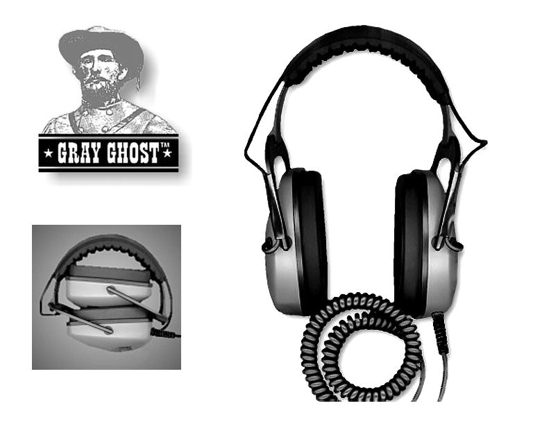 Gray Ghost Deep Woods Platinum headphones with snag-free control-free exterior and coiled cable, folded view inset