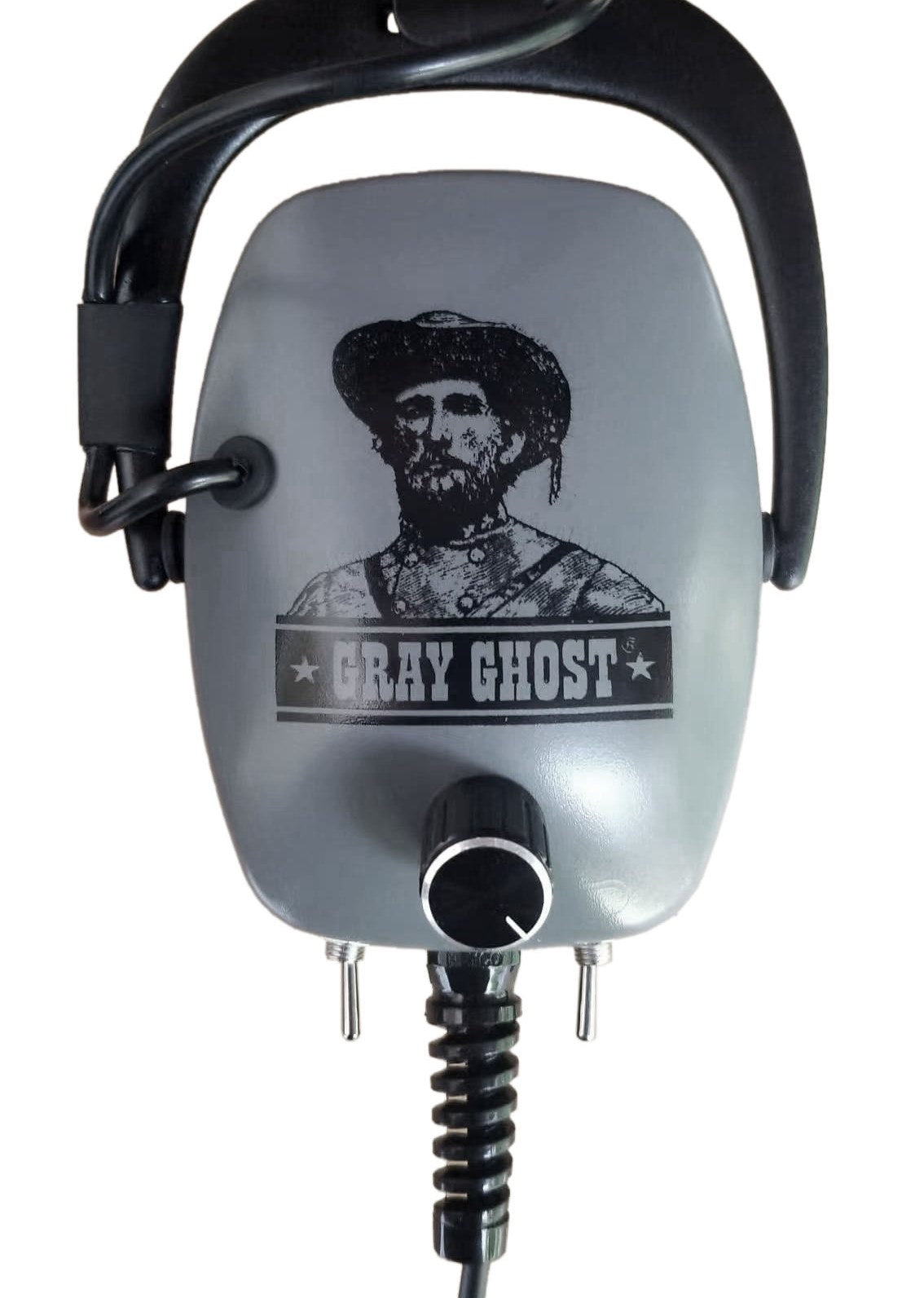Gray Ghost Ultimate metal detector headphone ear cup with volume knob and two toggle switches