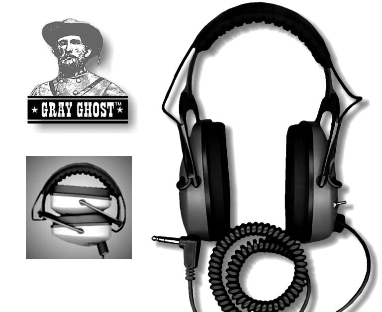 DetectorPro Original Gray Ghost wired metal detector headphones with coiled cable and 1/4 in angle plug, folded view inset