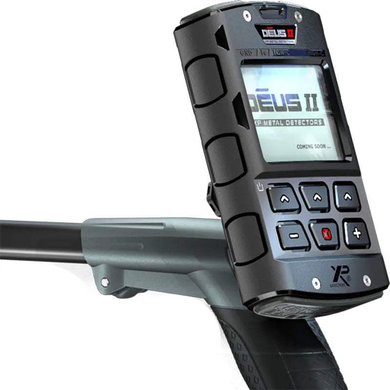 XP DEUS II remote control mounted on telescopic stem, close-up of control panel
