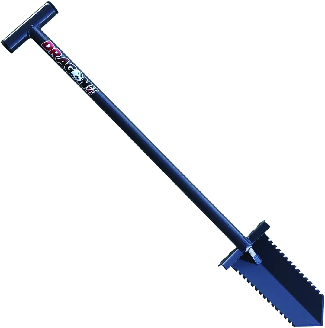 DragonXT 36 inch professional T-handle metal detecting shovel in gun metal gray with 28-tooth serrated tapered blade