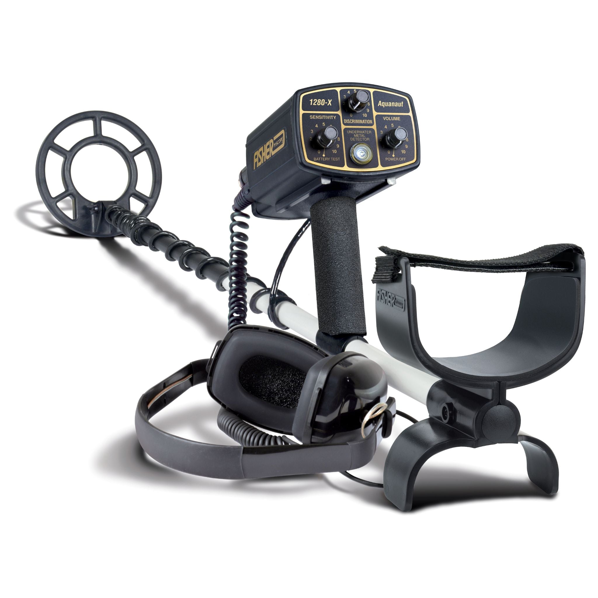 Fisher 1280-X Aquanaut underwater metal detector with spider coil and waterproof headphones on white background