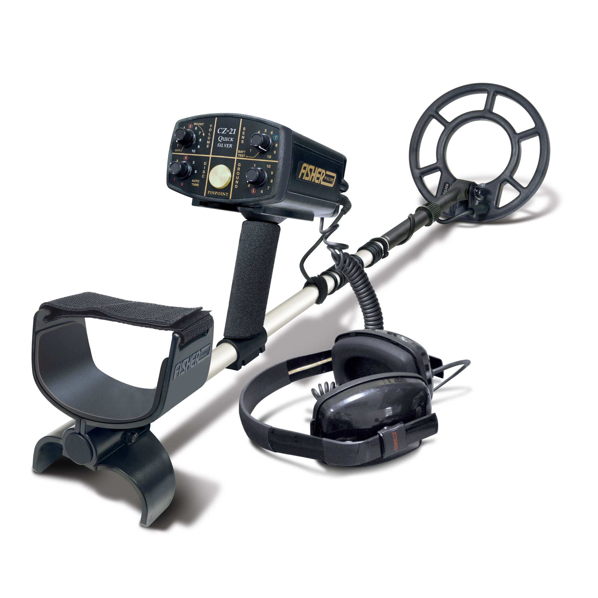 Fisher CZ-21 Quicksilver underwater metal detector with waterproof headphones on white background