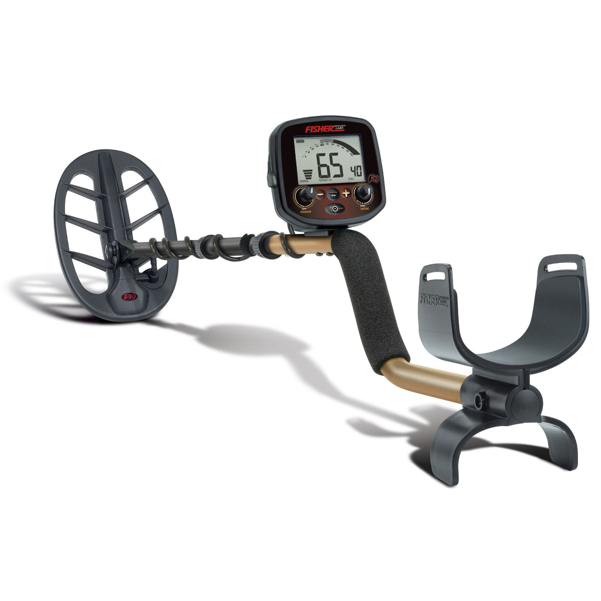 Fisher F19 metal detector with 11 in DD elliptical search coil and gold lower shaft on white