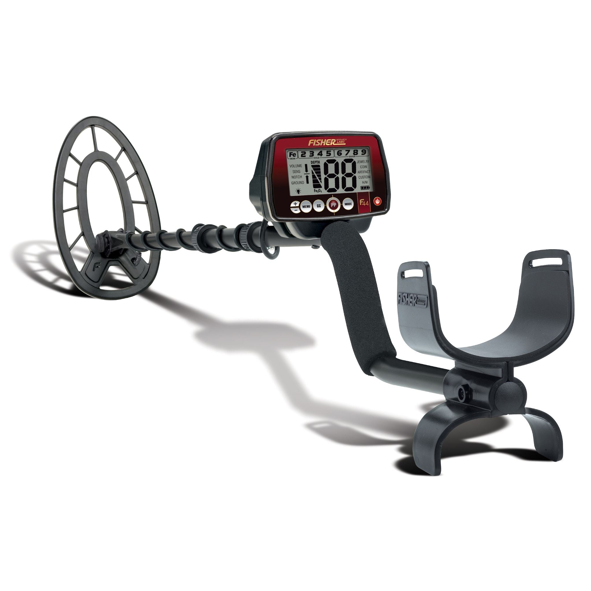 Fisher F44 weatherproof metal detector with 11 inch concentric search coil and red control box on white background