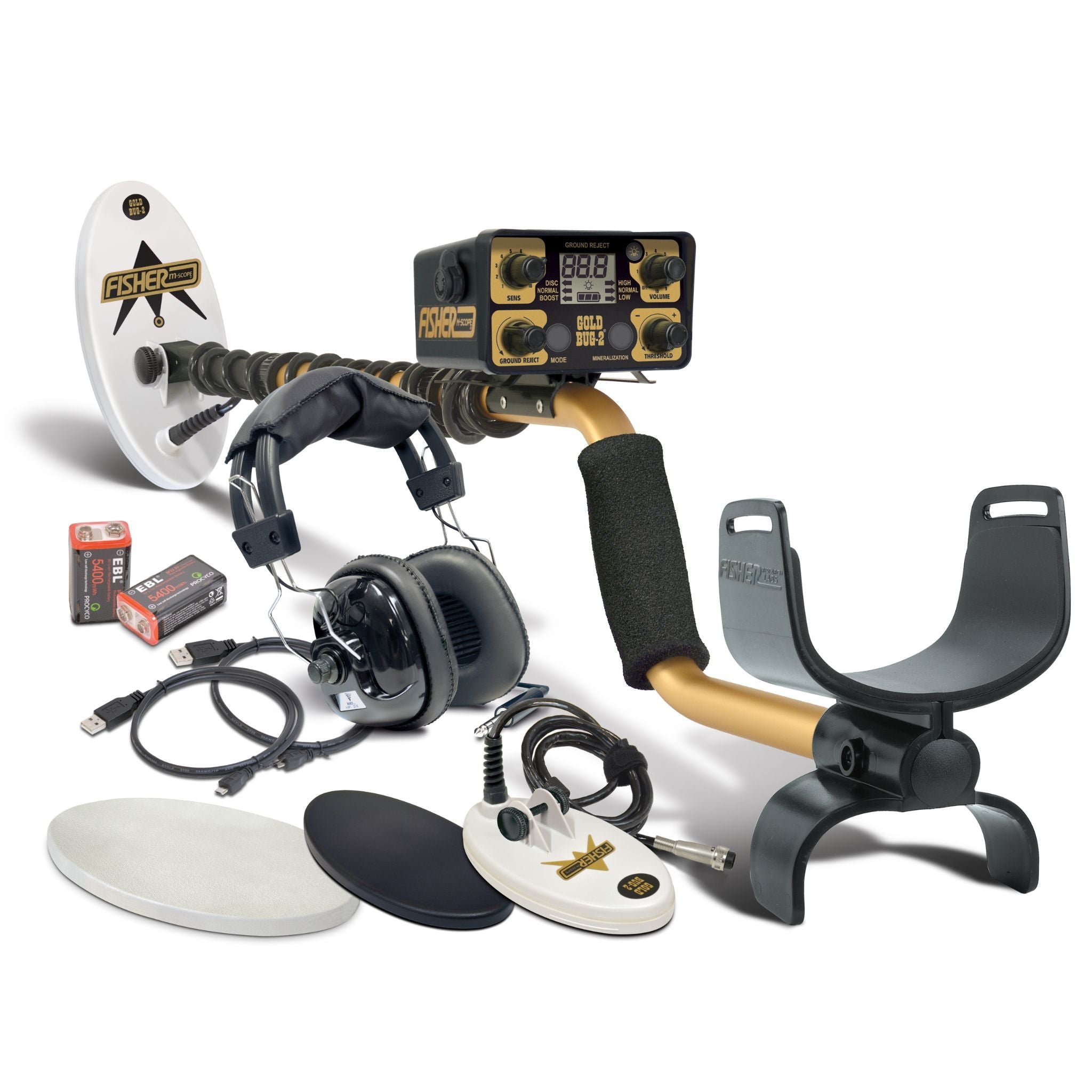 Fisher Gold Bug 2 metal detector combo with two search coils, headphones, batteries and coil covers