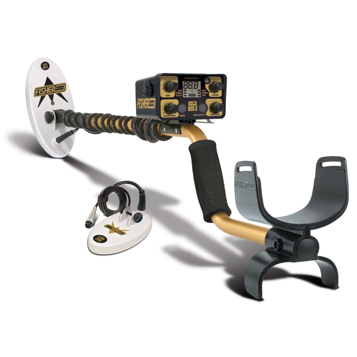 Fisher Gold Bug 2 metal detector two-coil combo: detector with 10 in elliptical coil and the 6.5 in elliptical coil beside it