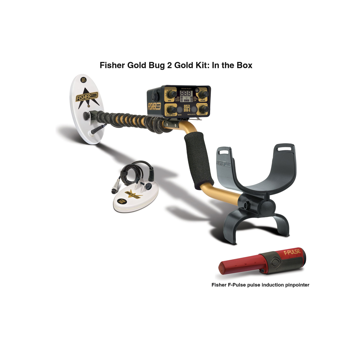 Labeled contents of the Fisher Gold Bug 2 Gold Kit: Gold Bug 2 with both coils and the Fisher F-Pulse pulse induction pinpointer