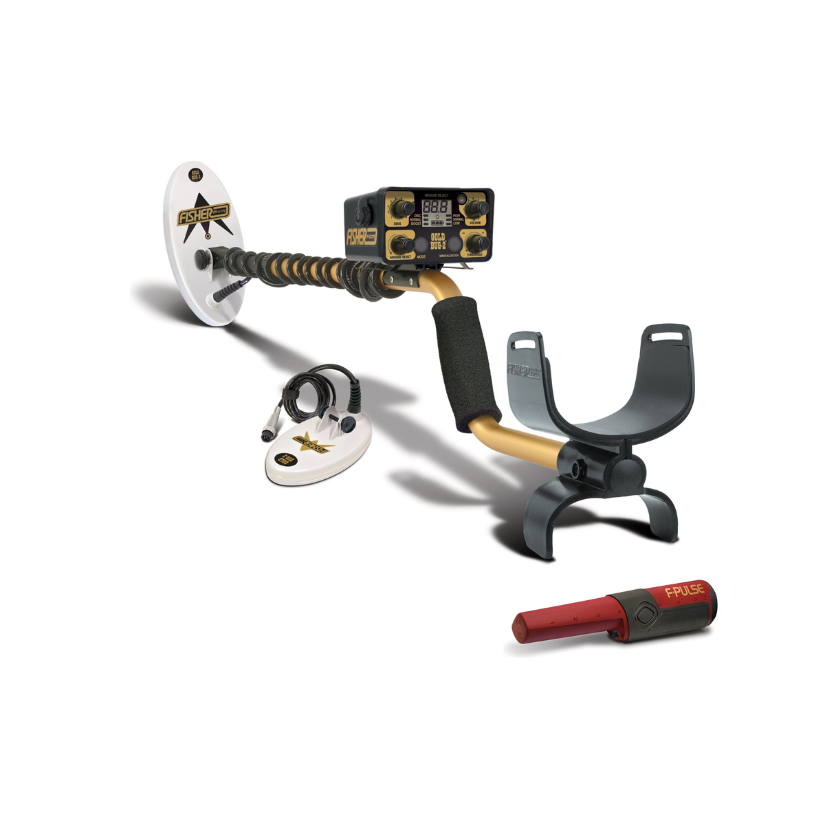 Fisher Gold Bug 2 Gold Kit contents on white: Gold Bug 2 metal detector with 10 in coil mounted, 6.5 in elliptical coil and Fisher F-Pulse pinpointer