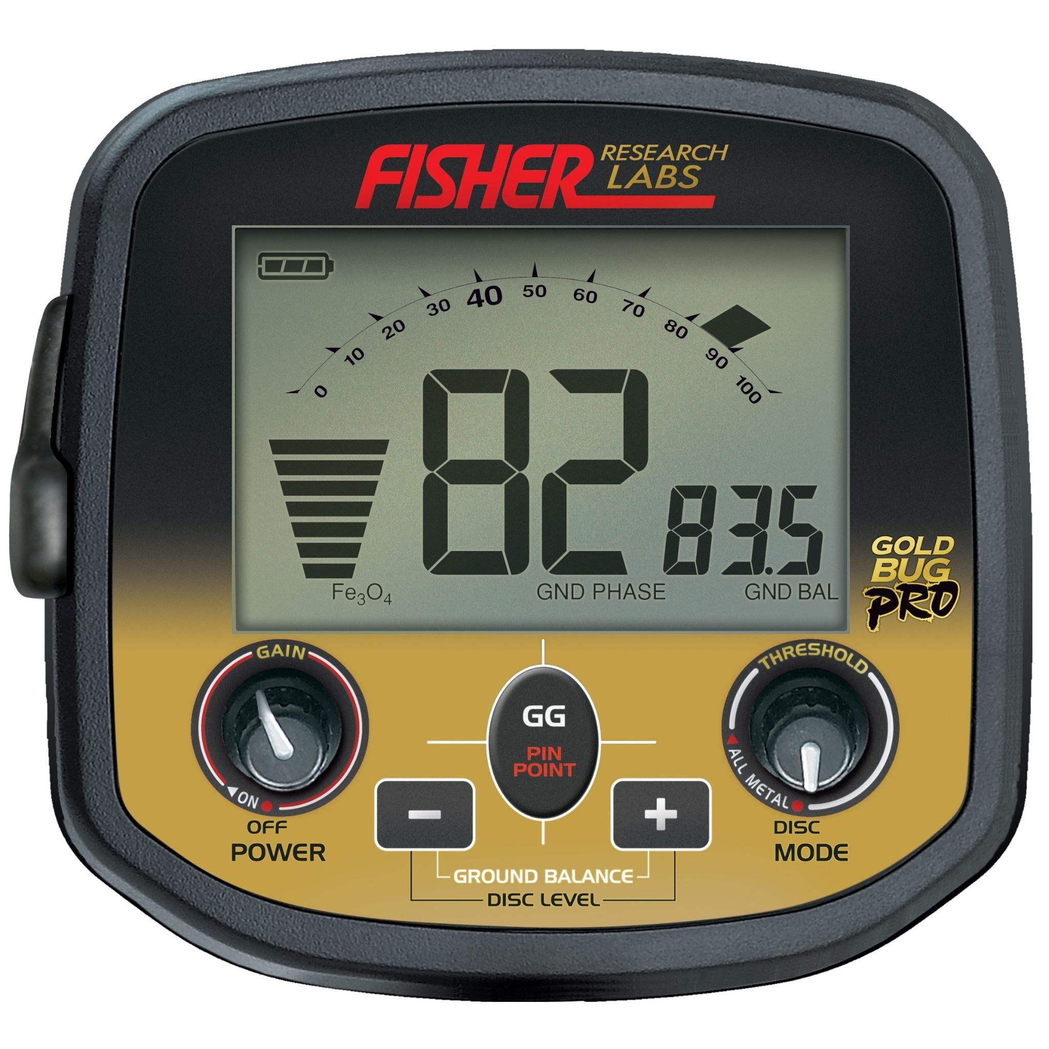 Fisher Gold Bug Pro control panel showing target ID and ground balance display