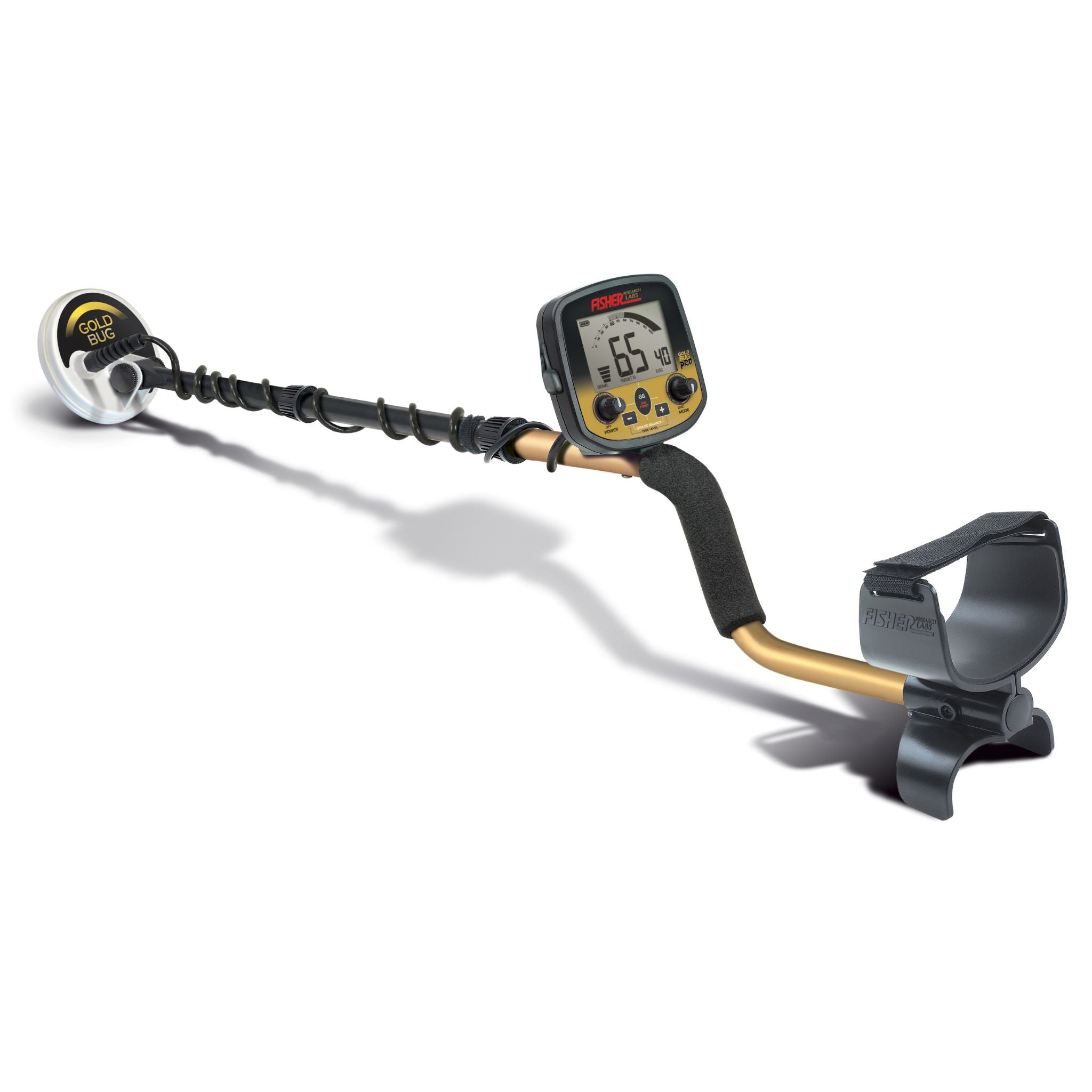 Fisher Gold Bug Pro metal detector with gold shaft and DD search coil on white background