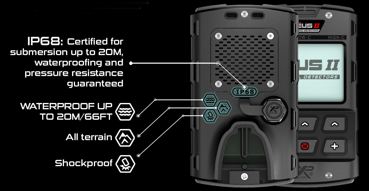 XP DEUS II remote control IP68 waterproof rating diagram, waterproof to 20m / 66ft, all terrain and shockproof rated