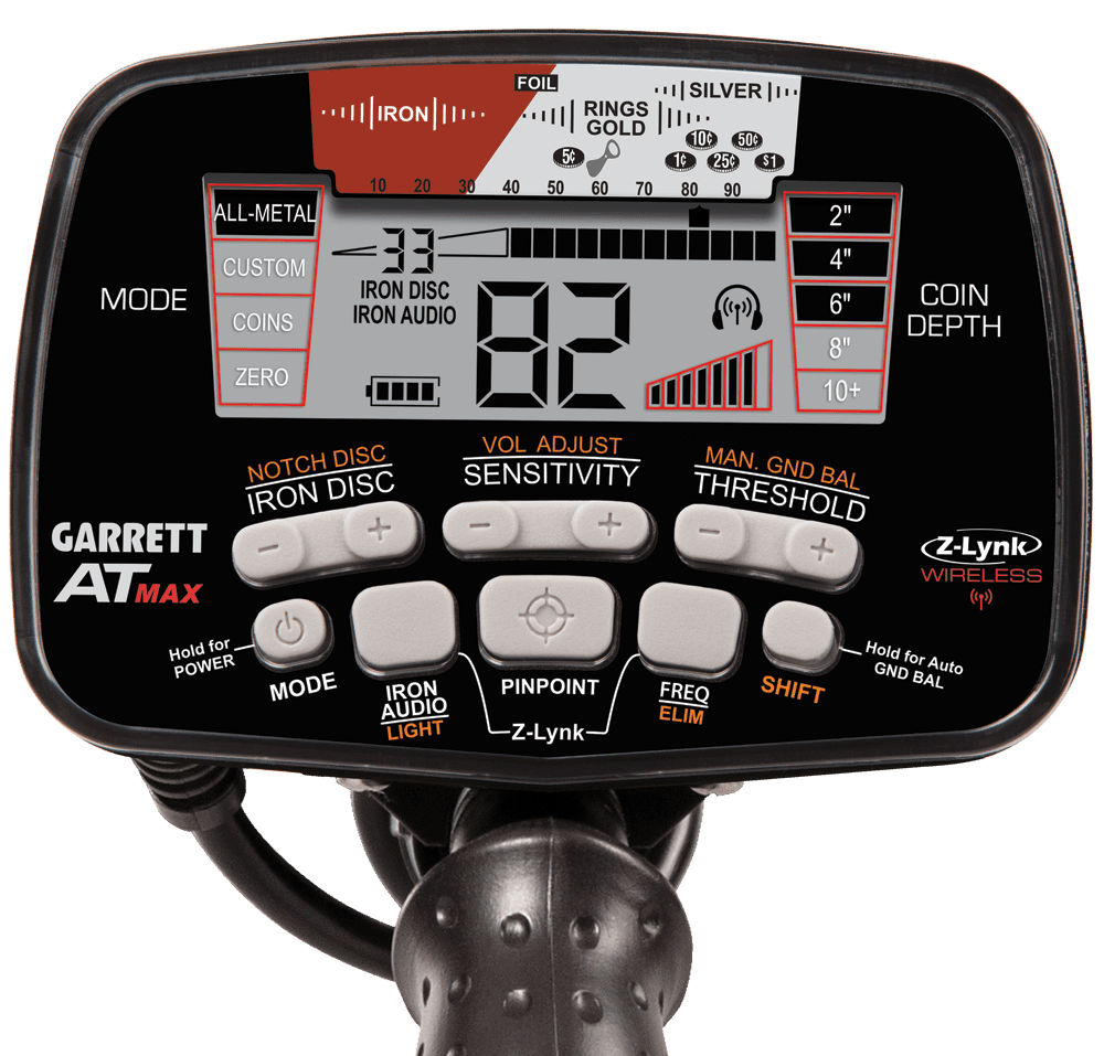 Garrett AT Max control panel and display showing target ID 82, iron discrimination 33 and the coin depth scale