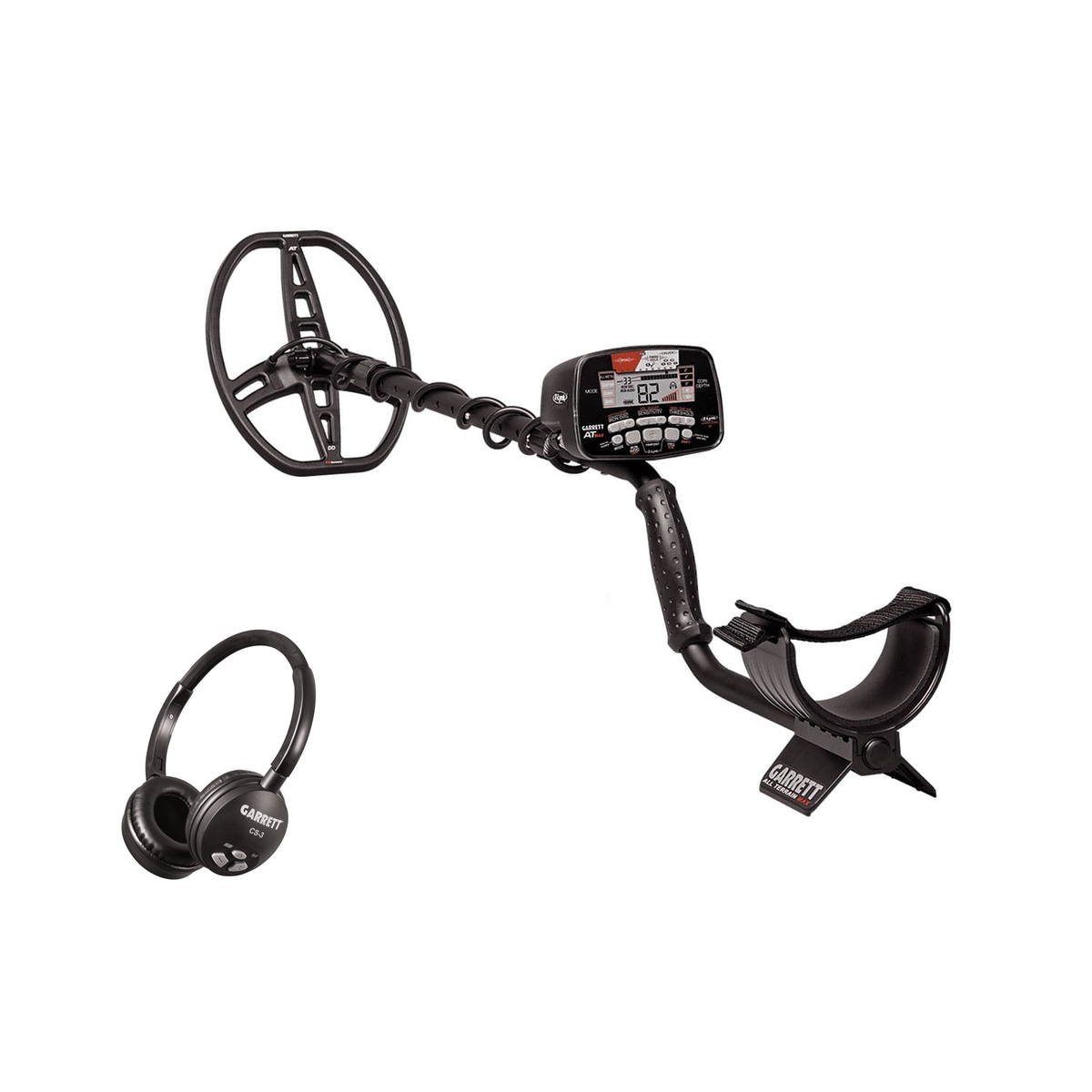 Garrett AT Max metal detector with 8.5 x 11 in (21.6 x 28 cm) DD PROformance search coil and the included Garrett CS-3 Z-Lynk wireless headphones
