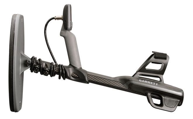 Garrett Axiom pulse induction gold detector side profile with carbon fiber shaft, collapsed for travel