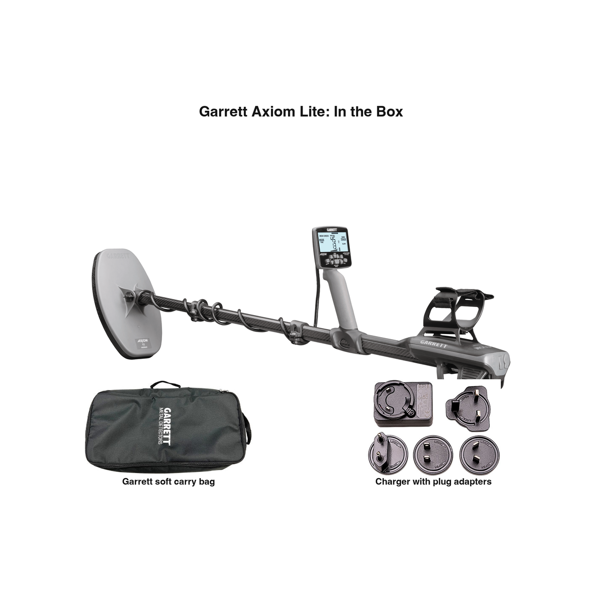 Labeled contents of the Garrett Axiom Lite with part names: detector with 11x7 in mono coil, soft carry bag, charger with plug adapters