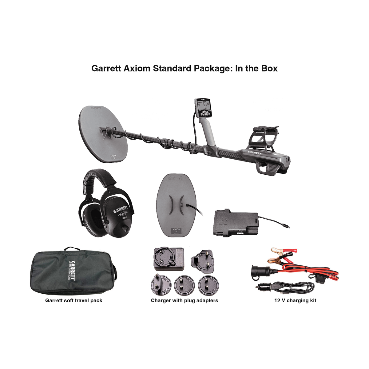 Labeled contents of the Garrett Axiom Standard Package with part names: detector with 13 in DD coil, MS-3 headphones, 11 in mono coil, booster, travel pack, charger, 12 V kit