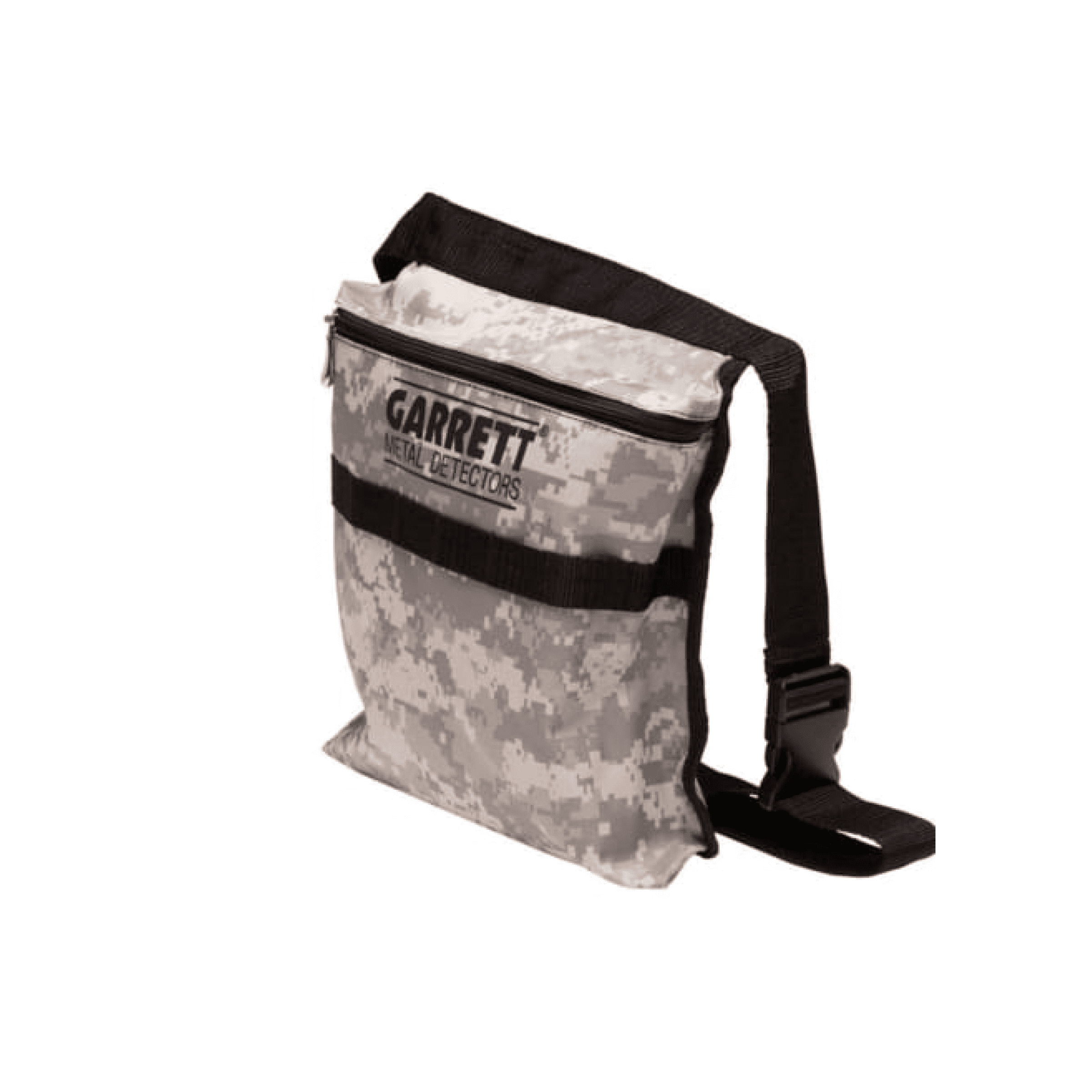 Genuine Garrett Camo Diggers Pouch, digital camo finds pouch with zippered top, black webbing and adjustable belt