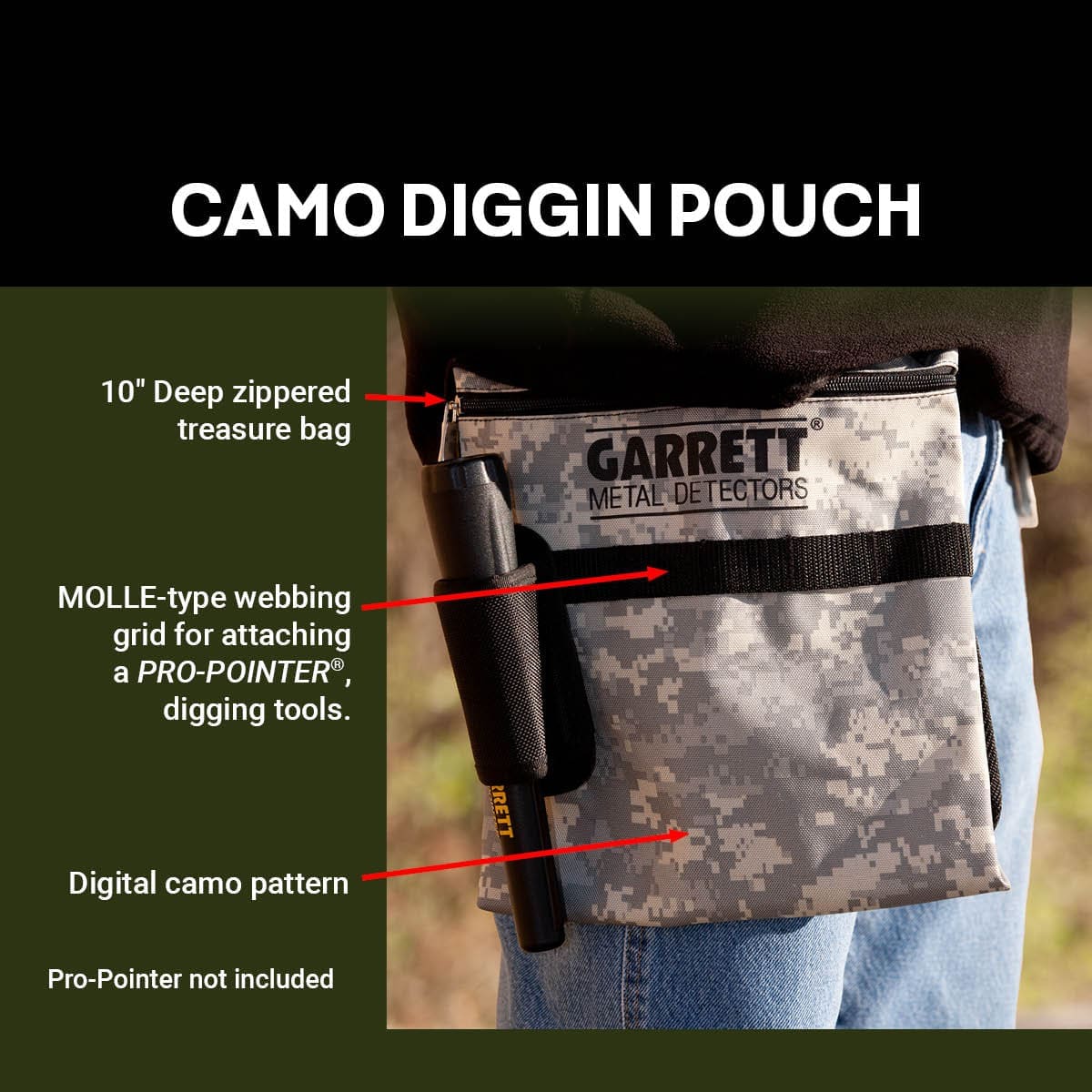 Garrett official feature graphic for the Camo Diggers Pouch: 10 inch deep zippered treasure bag, MOLLE-type webbing, digital camo, Pro-Pointer not included
