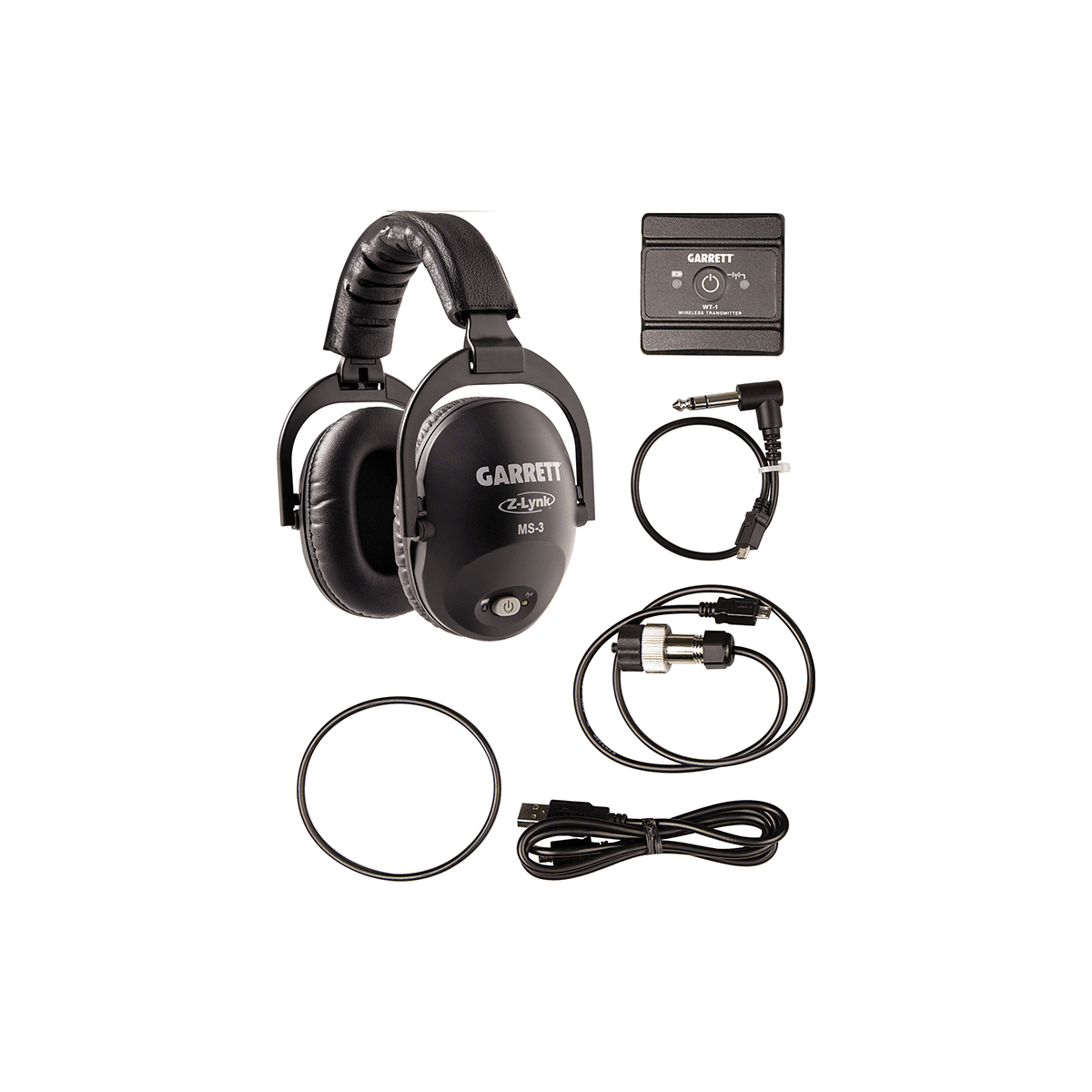 Garrett MS-3 Z-Lynk wireless kit contents: MS-3 headphones, WT-1 transmitter, cables and mounting bands