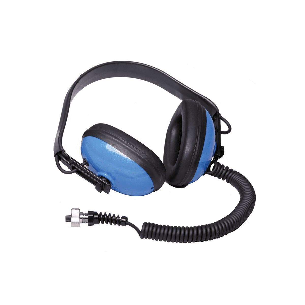 Garrett Submersible underwater headphones with blue sealed ear cups and 2-pin AT screw-lock connector