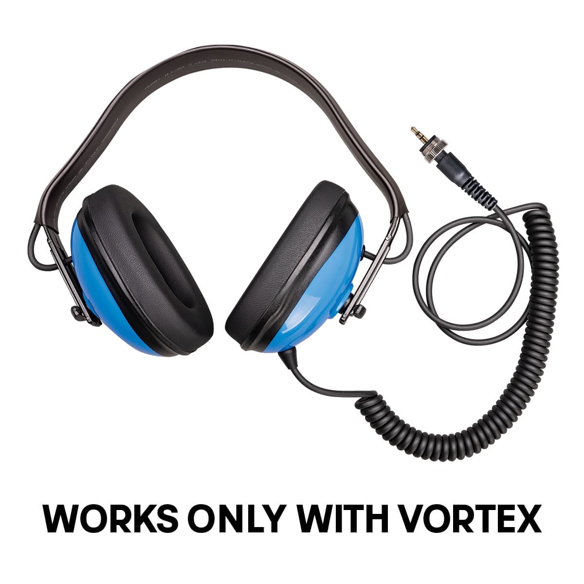 Garrett Vortex Submersible headphones with blue sealed ear cups and waterproof 1/8 inch jack, works only with Vortex detectors
