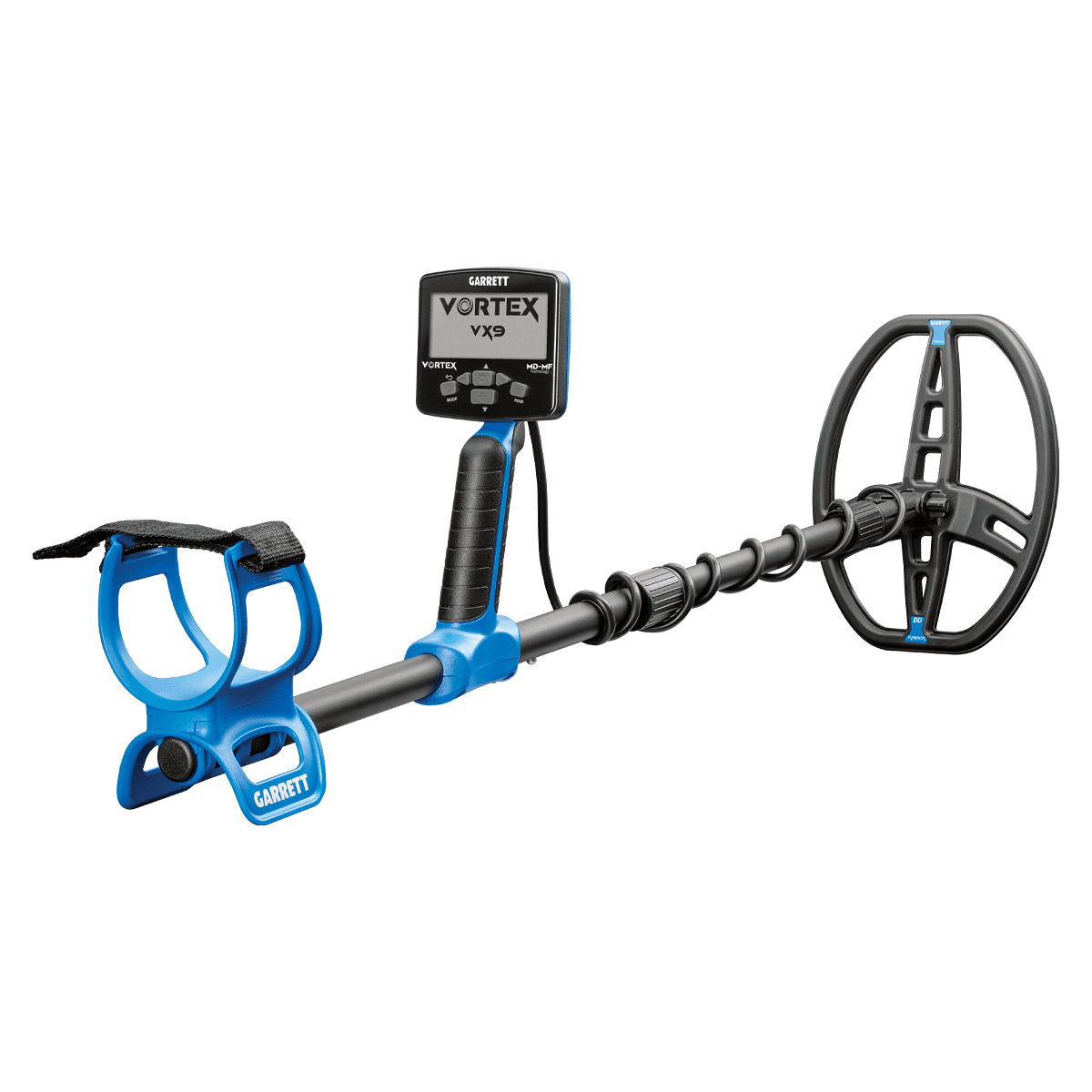 Garrett Vortex VX9 metal detector, angled product view. Built on Garrett's shared Vortex platform hardware (VX5/VX7/VX9), differentiated by installed software