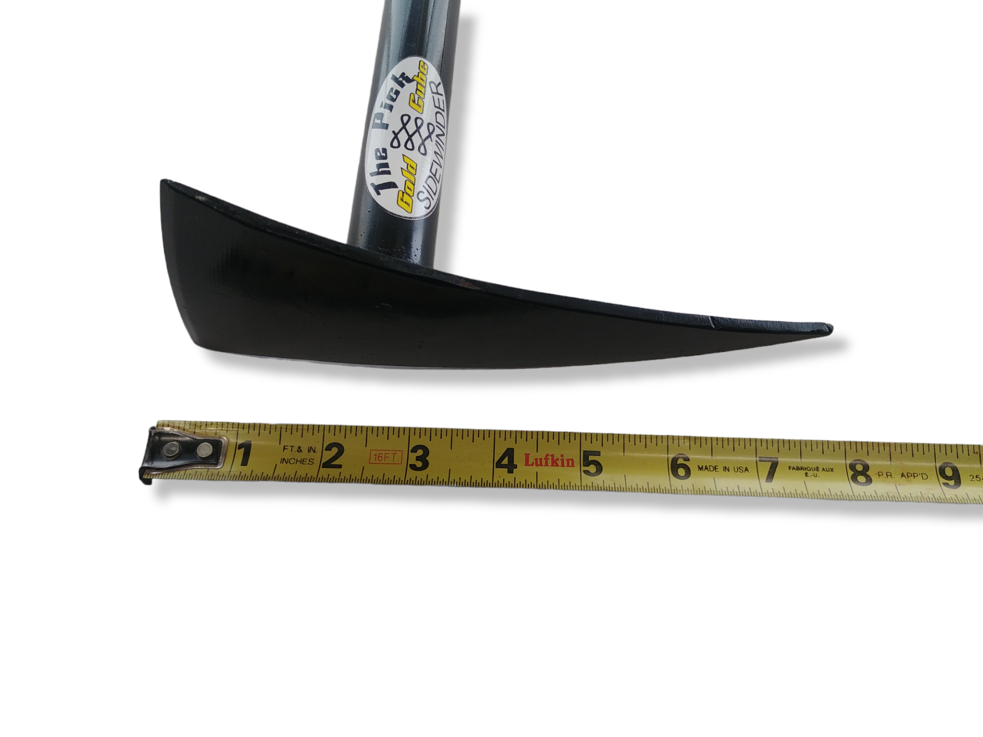Close-up of the Gold Cube Sidewinder pick curved steel blade head with tape measure for scale