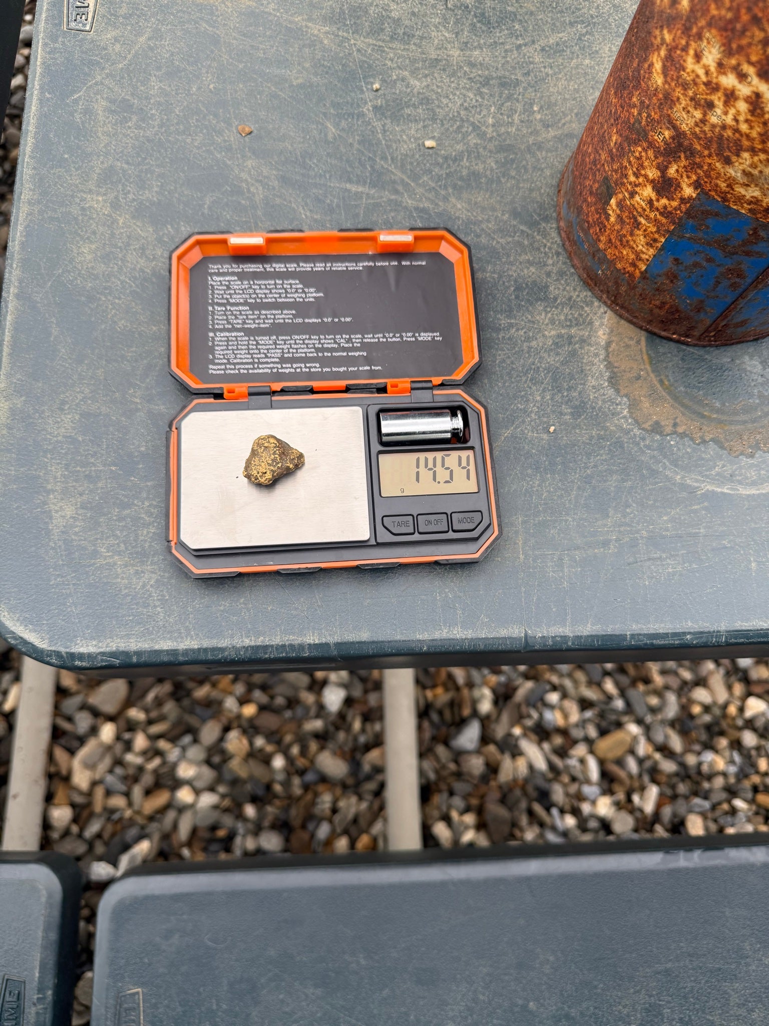 Scale showing 14.54 grams: gold nugget found near Nome, Alaska with the Minelab GPX 6000