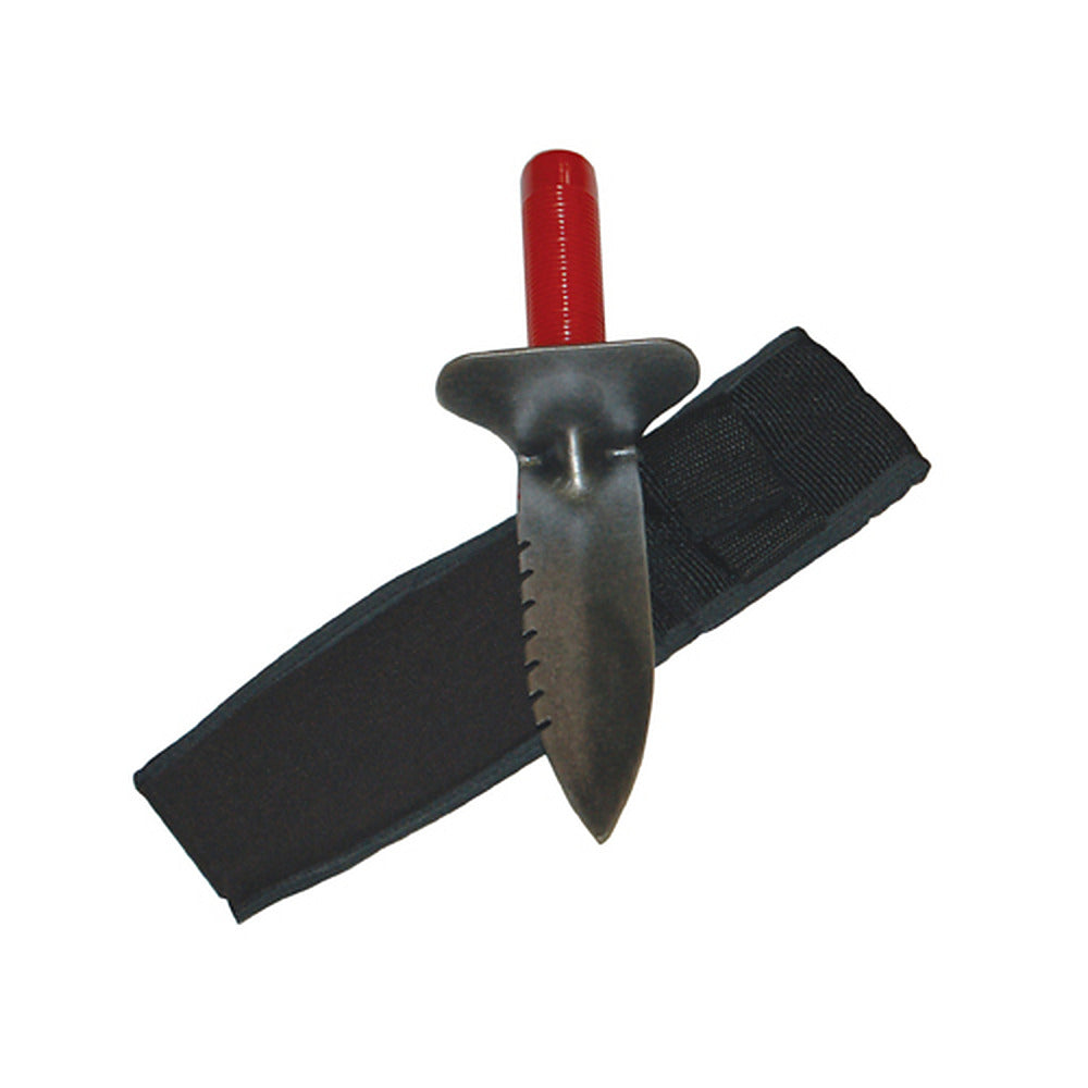 Lesche digging tool with right-side serrated heat-treated steel blade, red grip and hand guard, shown with the included black belt sheath